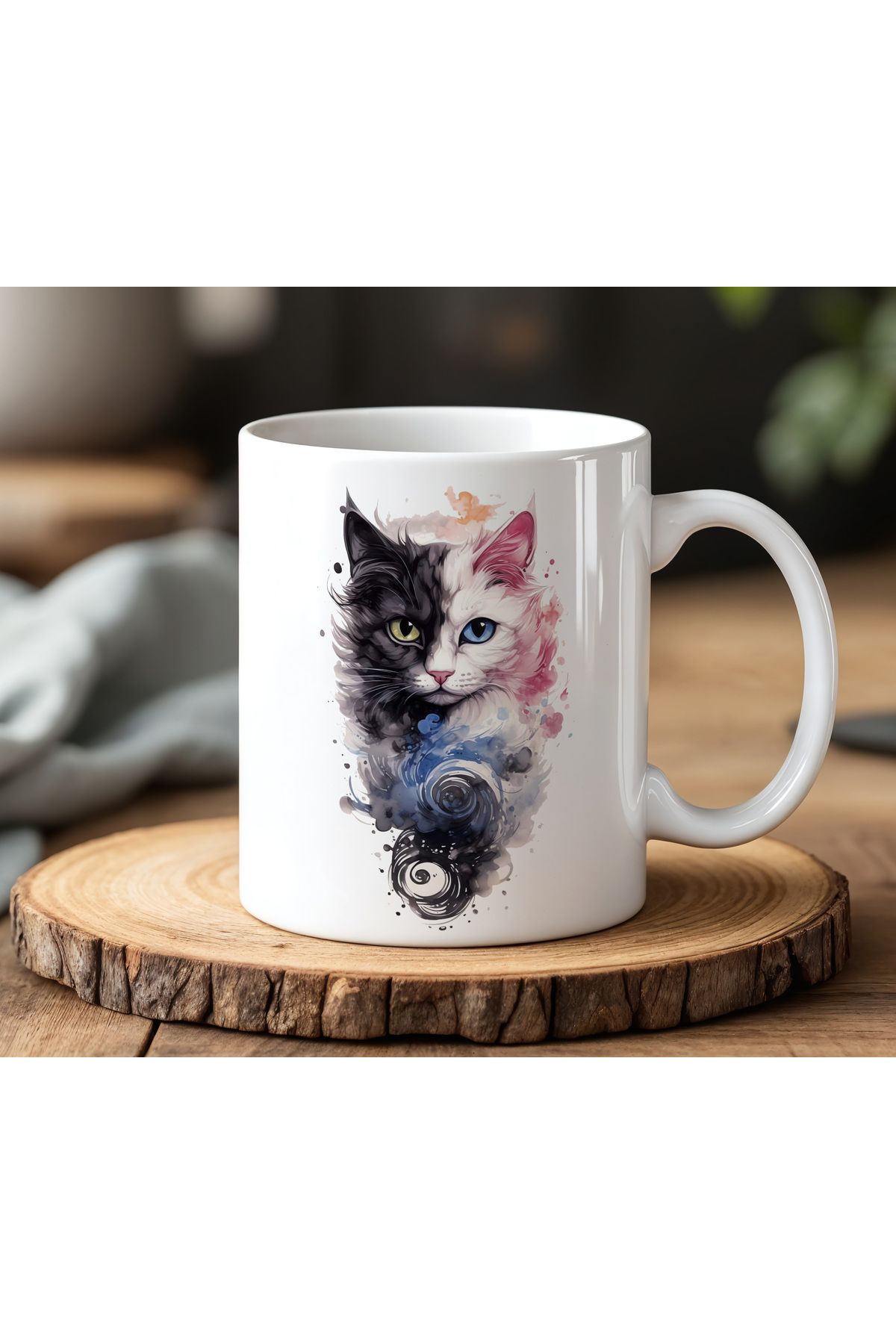 BB TRADE Renkli Kedi Görseli Tasarımlı Beyaz Seramik Baskılı Kupa Bardak 330ml