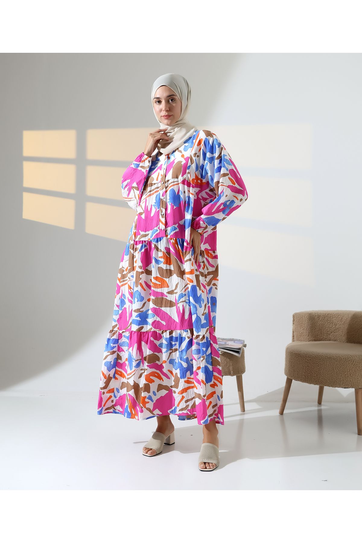 Mihran Butik Kadın 100% Pamuk Viskon Desenli Pembe Tesettür Elbise