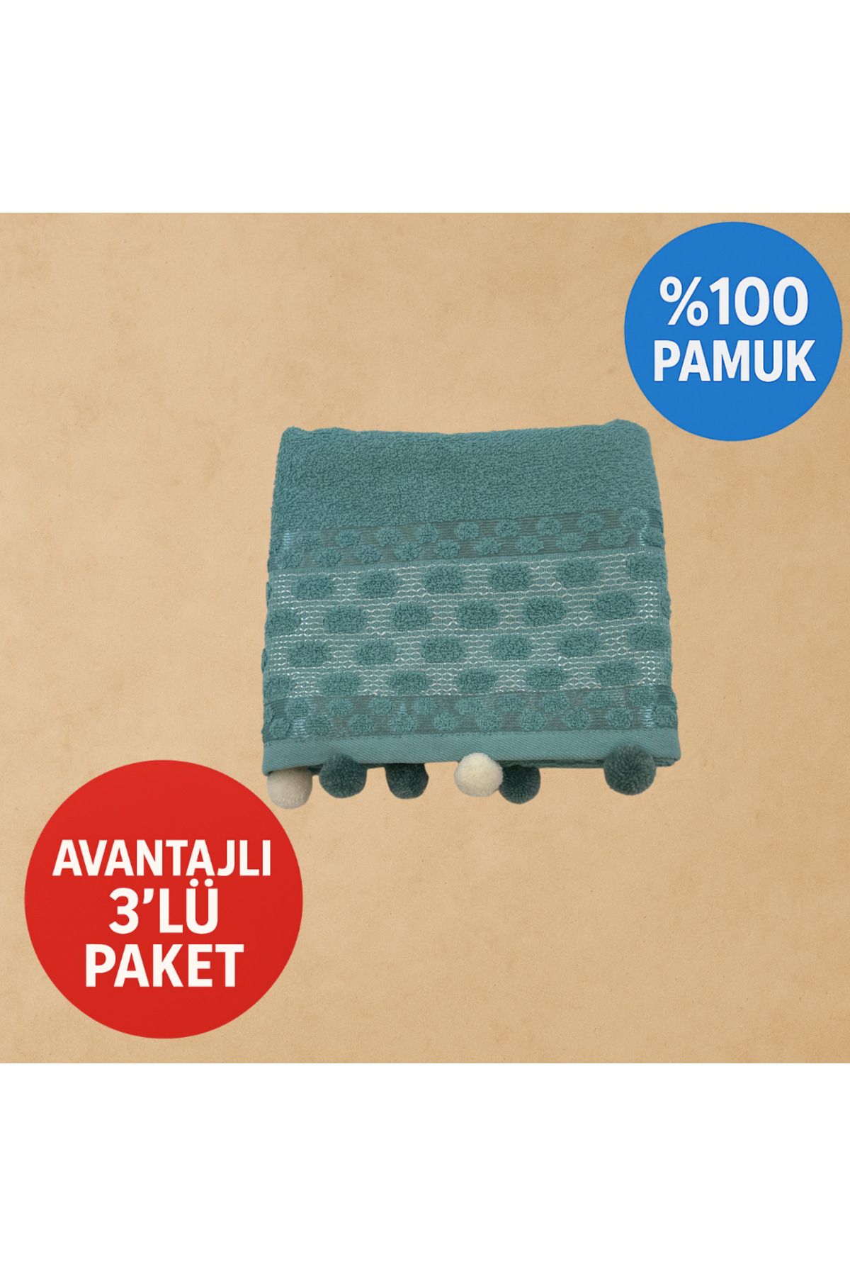 Lobya Huvia 3'lü Ponponlu Turkuaz El ve Yüz Havlusu (50x85)