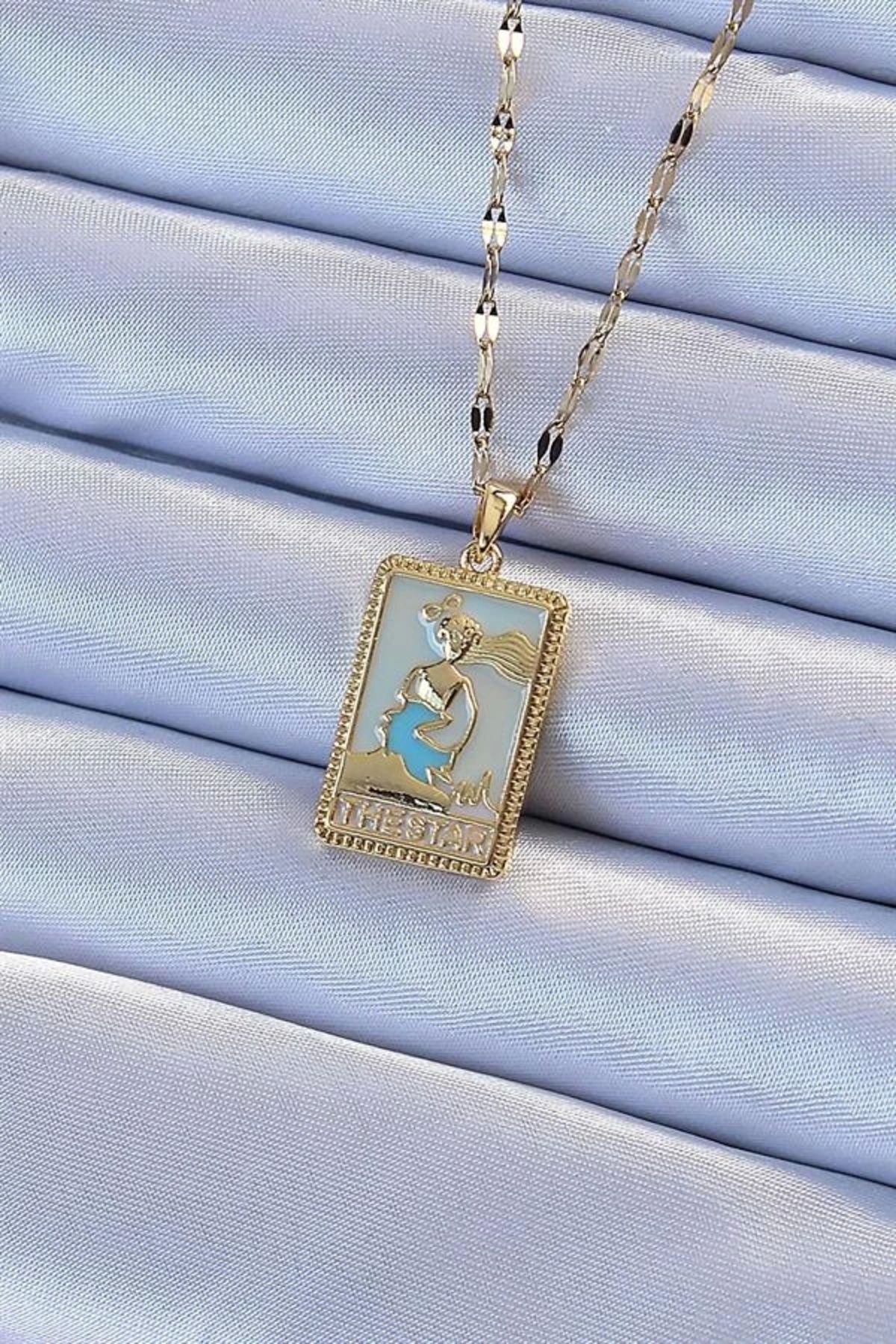 Lale Moda 316L Çelik Zincir Altın Renk Mavi Mineli Tarot Kolye