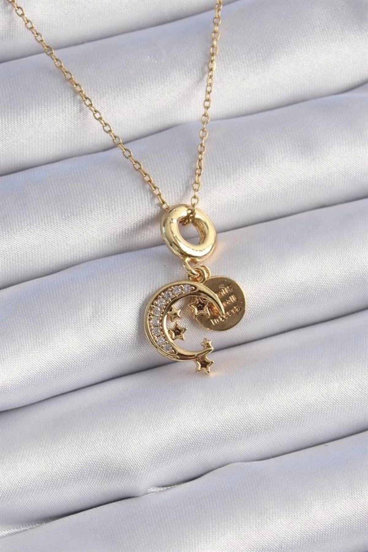 Lale Moda 316L Çelik Gold Renk Zirkon Taşlı Ay Yıldız Model Charm Model Kadın Kolye