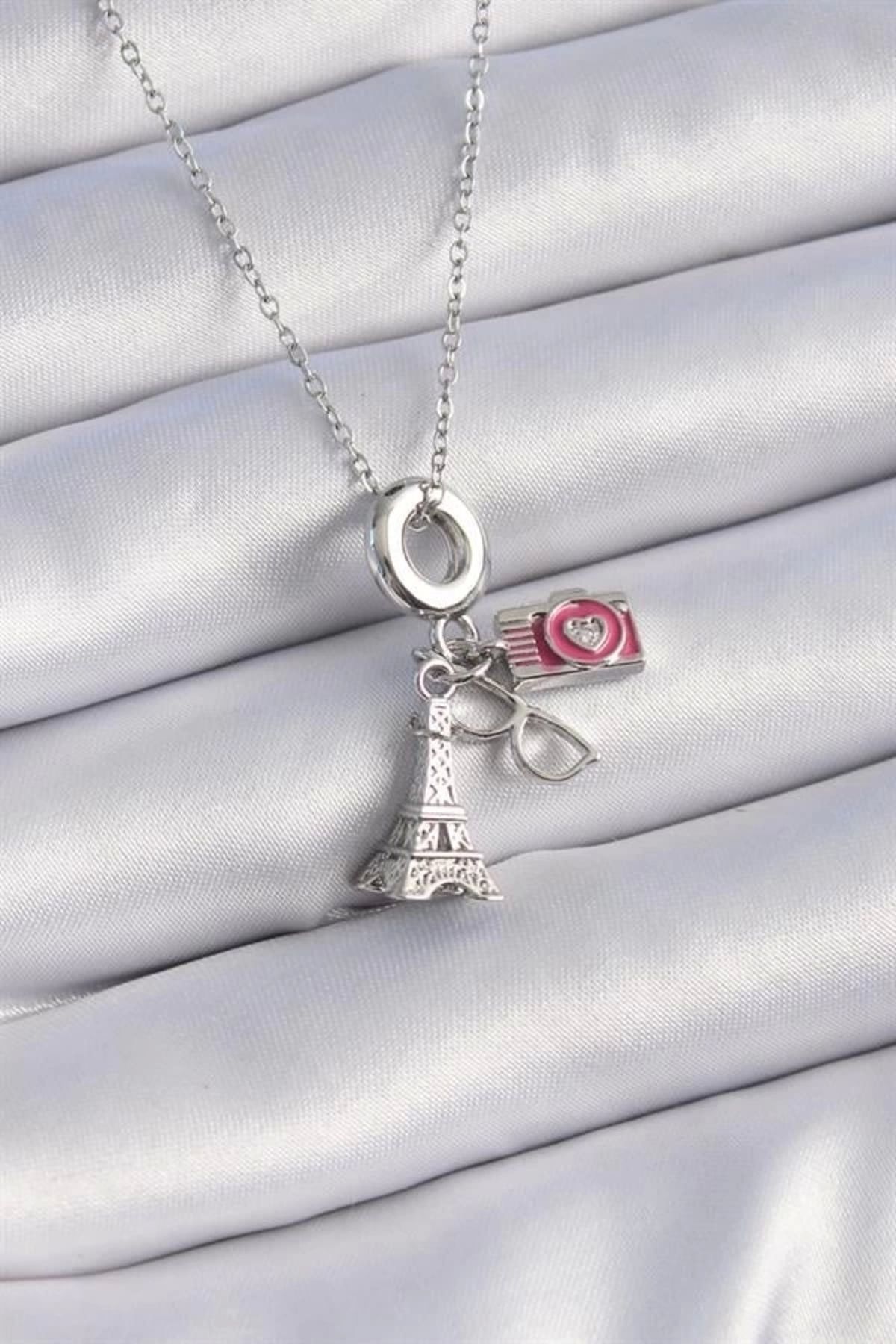Lale Moda 316L Çelik Gümüş Renk Eyfel Kule Fotoğraf Makinesi Model Charm Kadın Kolye