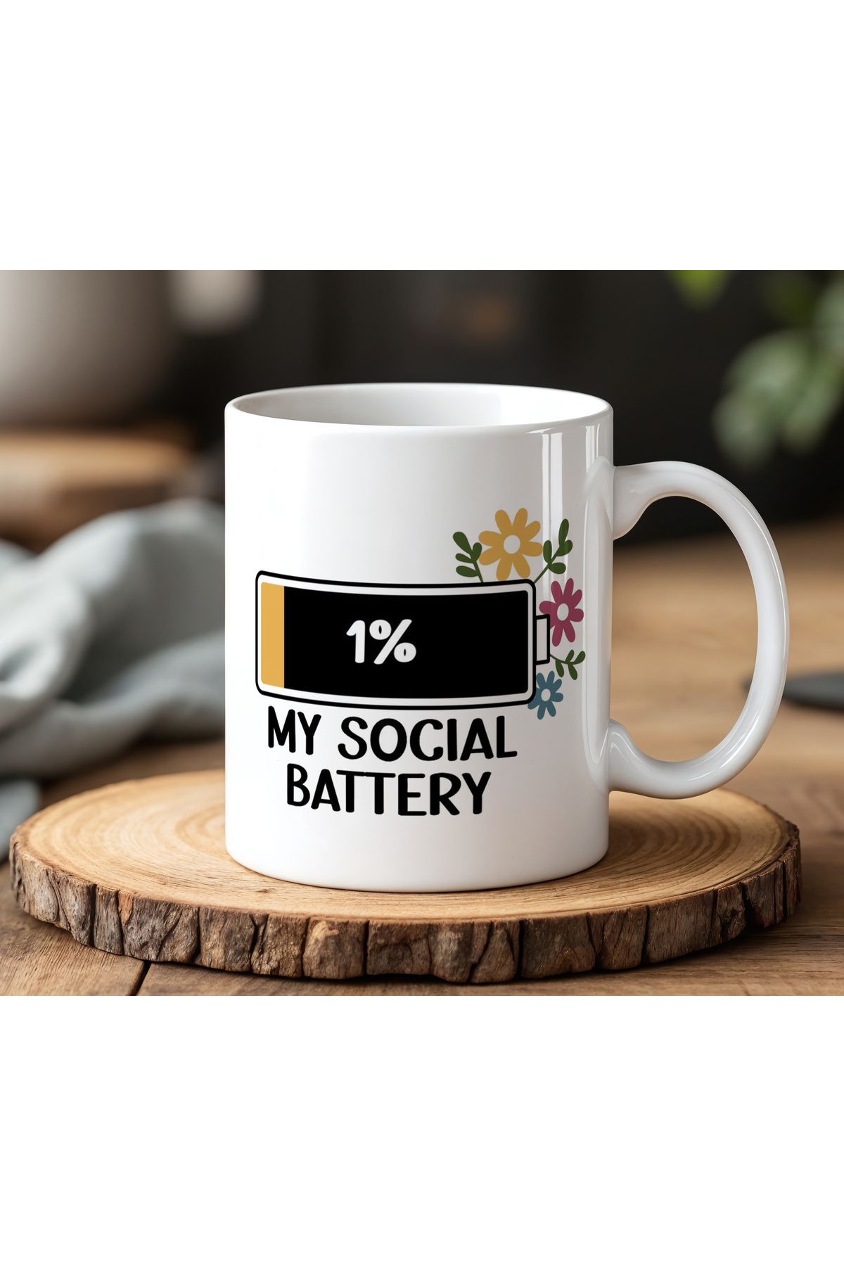 BB TRADE My Social Battery Tasarımlı Beyaz Seramik Baskılı Kupa Bardak 330ml