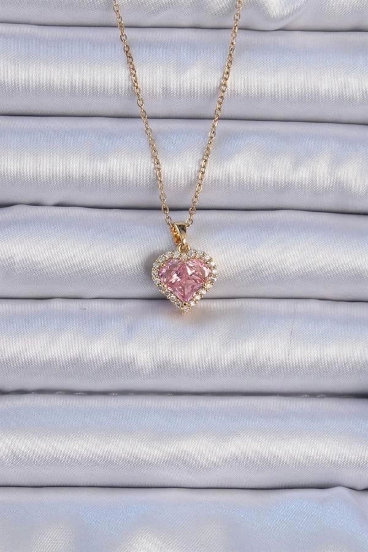 Lale Moda 316L Çelik Zincir Altın Renk Pembe Zirkon Taşlı Kalp Kolye