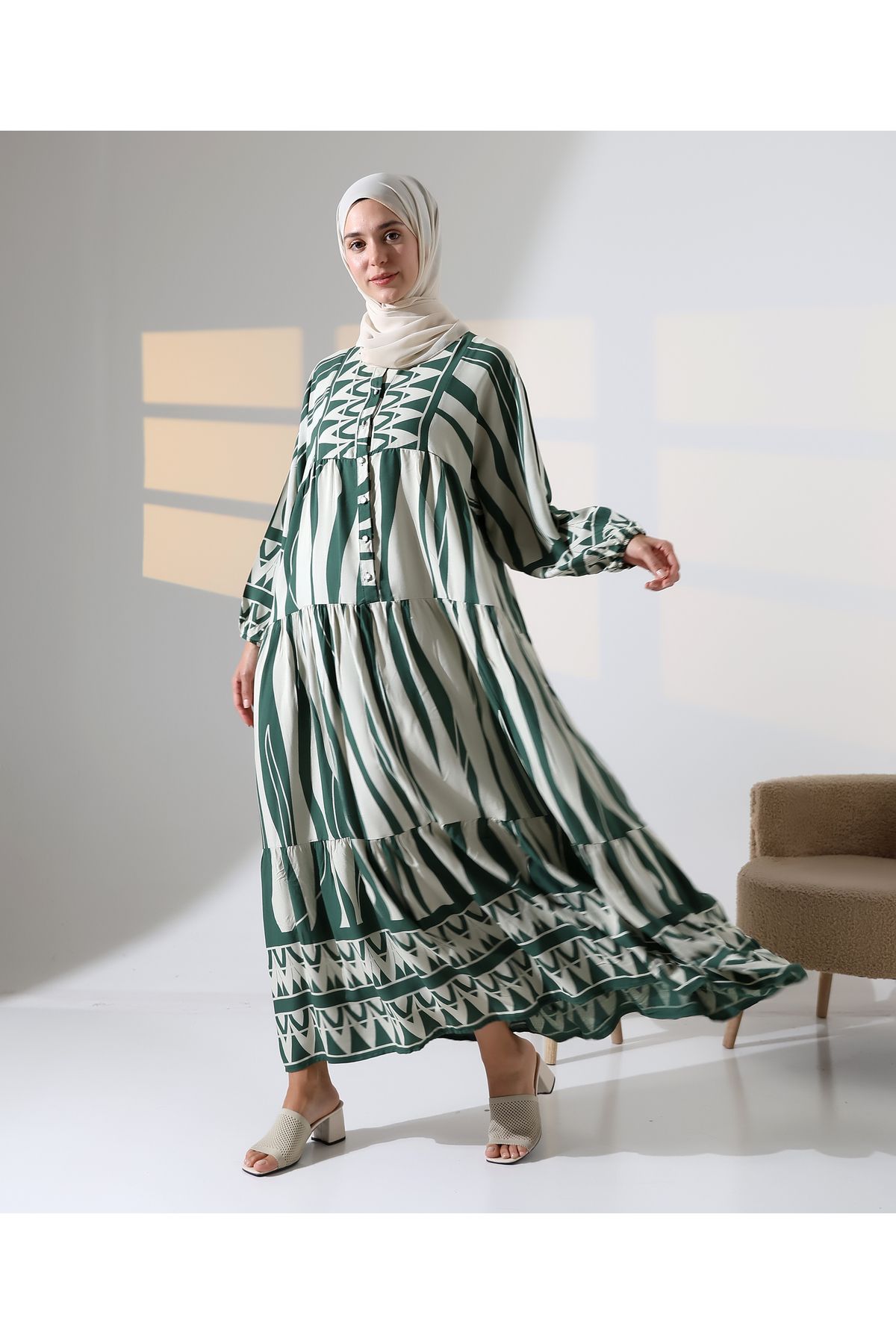 Mihran Butik Kadın 100% Pamuk Viskon Desenli Yeşil Tesettür Elbise