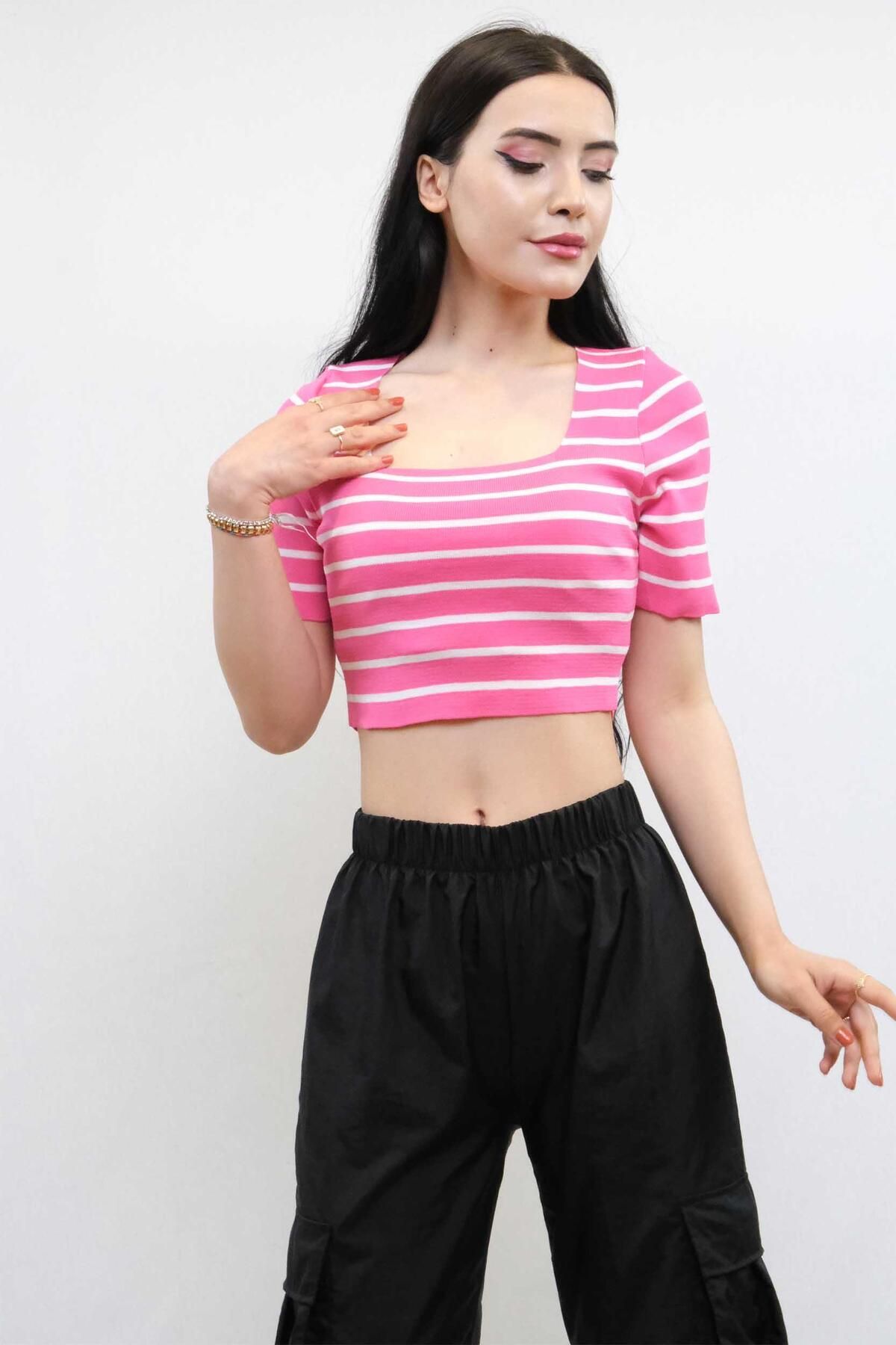 LLOHA Triko Crop Çizgili Pembe