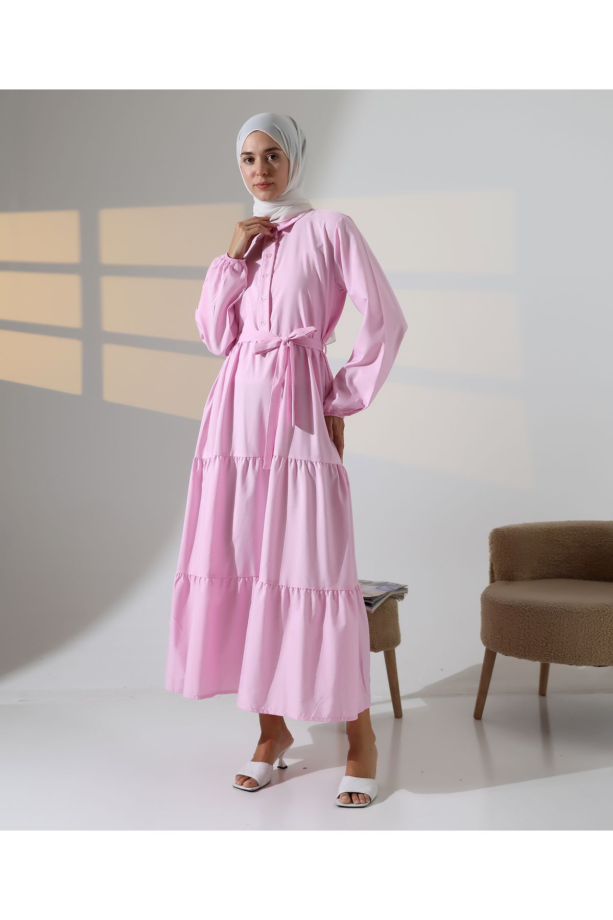 Mihran Butik Kadın 100% Pamuk Viskon Desenli Pembe Tesettür Elbise