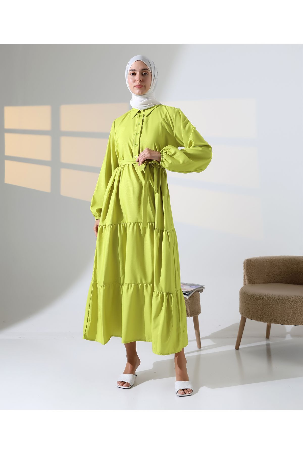 Mihran Butik Kadın 100% Pamuk Viskon Desenli Yeşil Tesettür Elbise