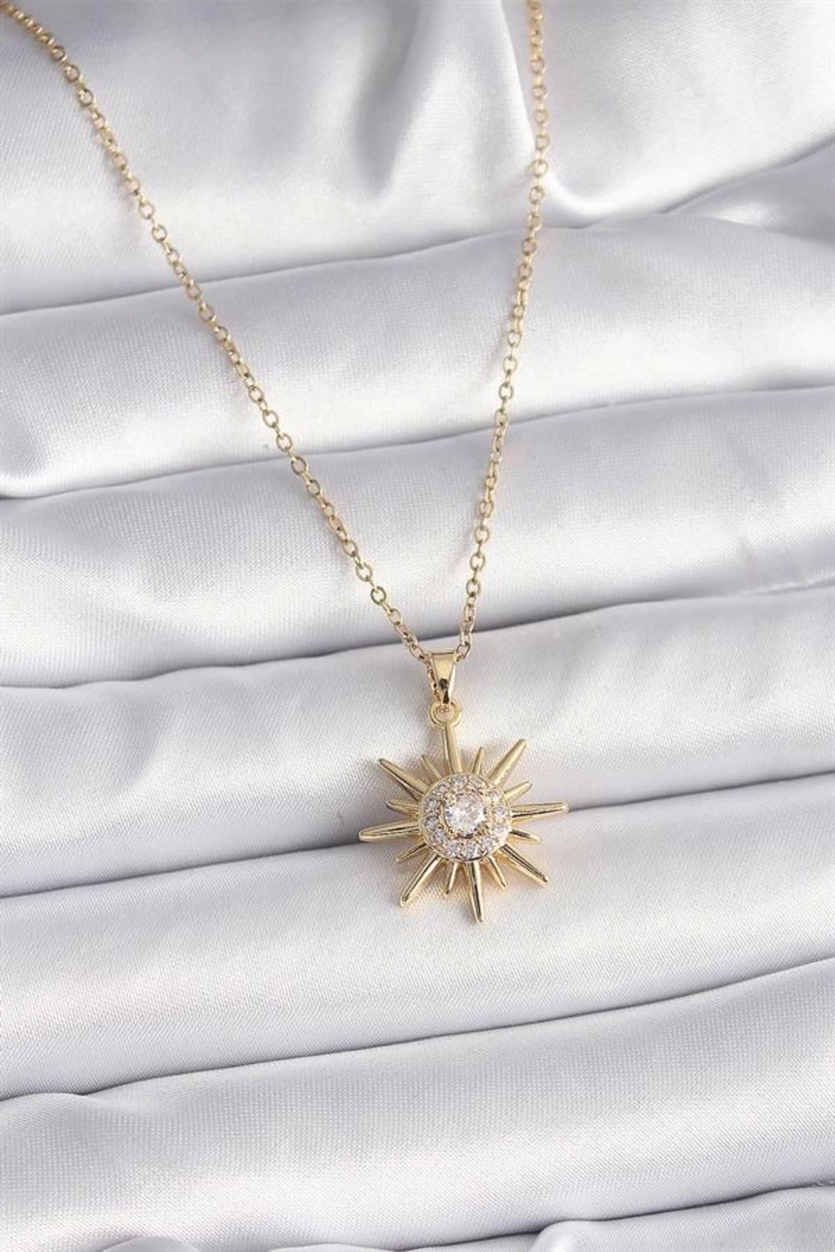 Lale Moda 316L Çelik Gold Renk Zincir Zirkon Taşlı Güneş Model Kadın Kolye