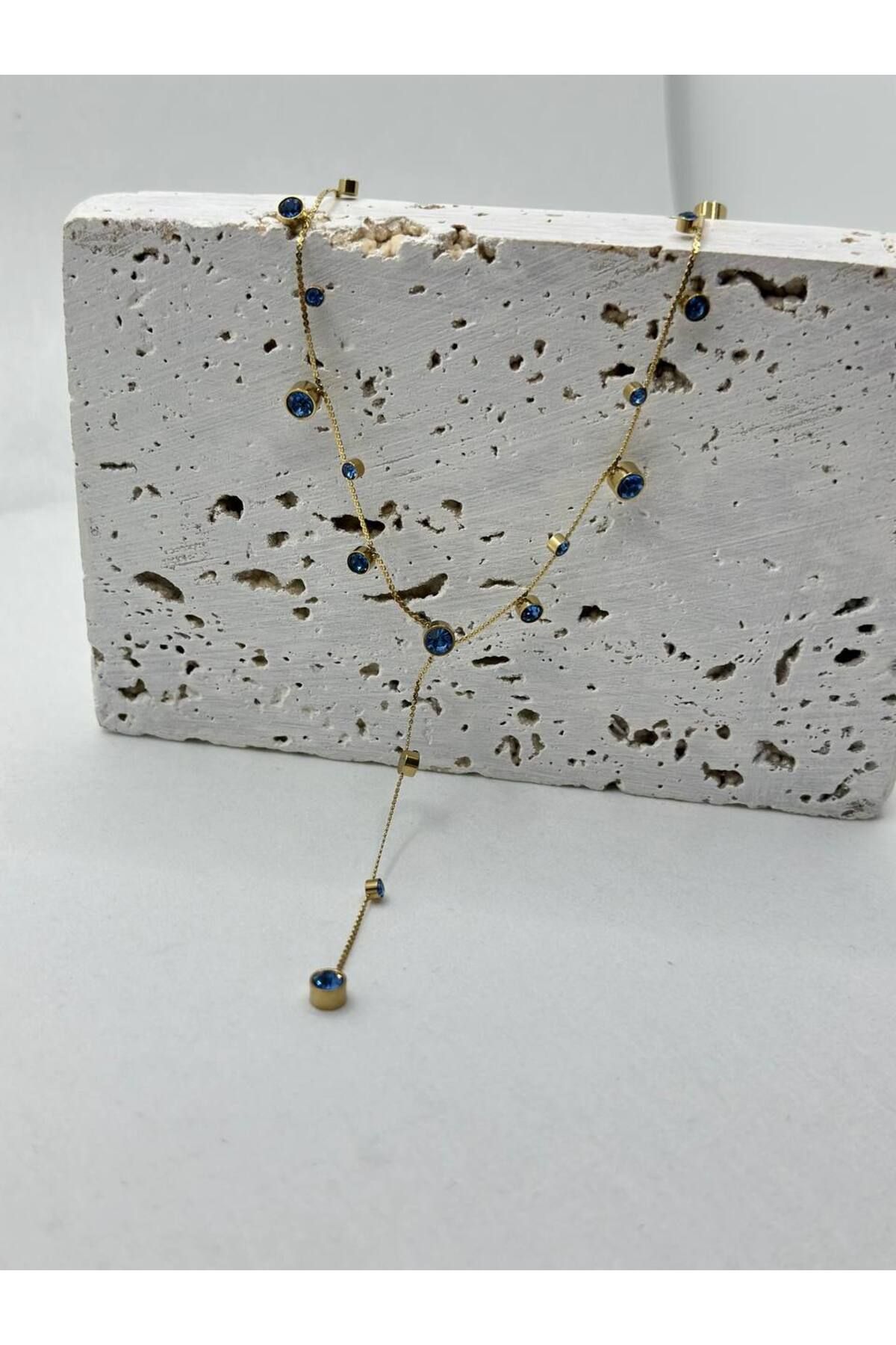 lysiaaccessory Mavi Zirkon Taş Detaylı Y Model Dekolte Kolye
