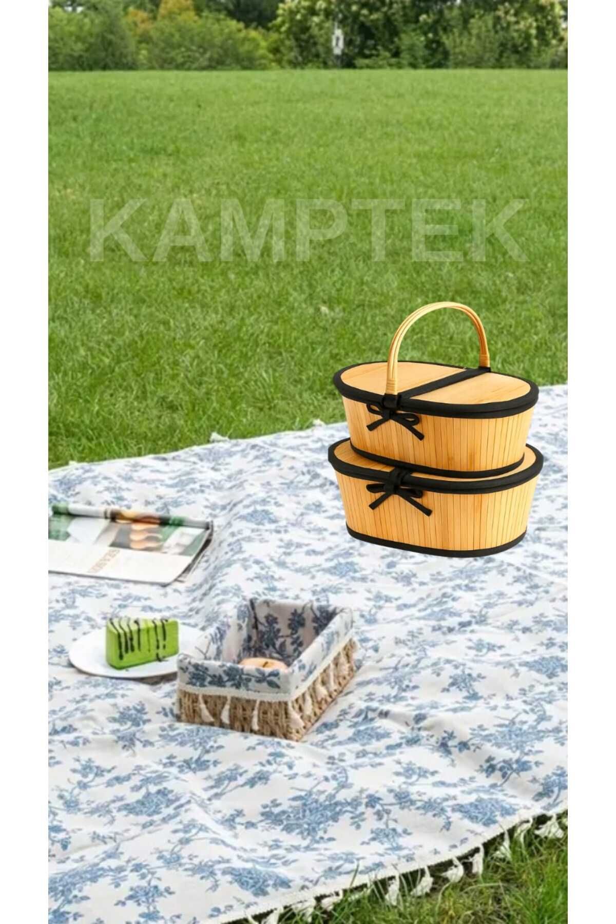kamptek kamp teknolojisi KAMPTEK AHŞAP BAMBU 2'Lİ PİKNİK KAMP SEPETİ BÜYÜK KÜÇÜK BOY 2 ADET