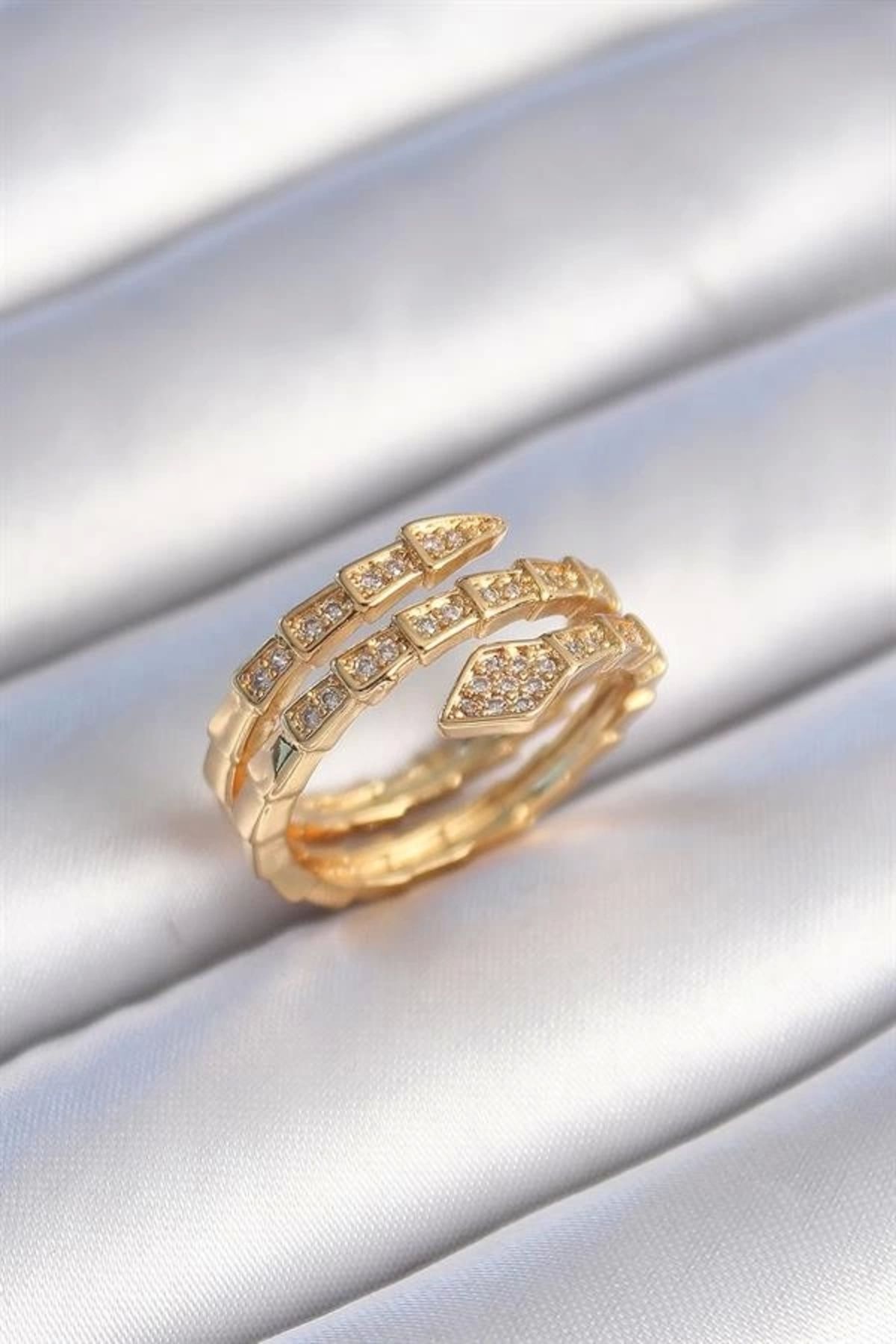 Lale Moda Pirinç Gold Renk Zirkon Taşlı Yılan Model Kadın Yüzük