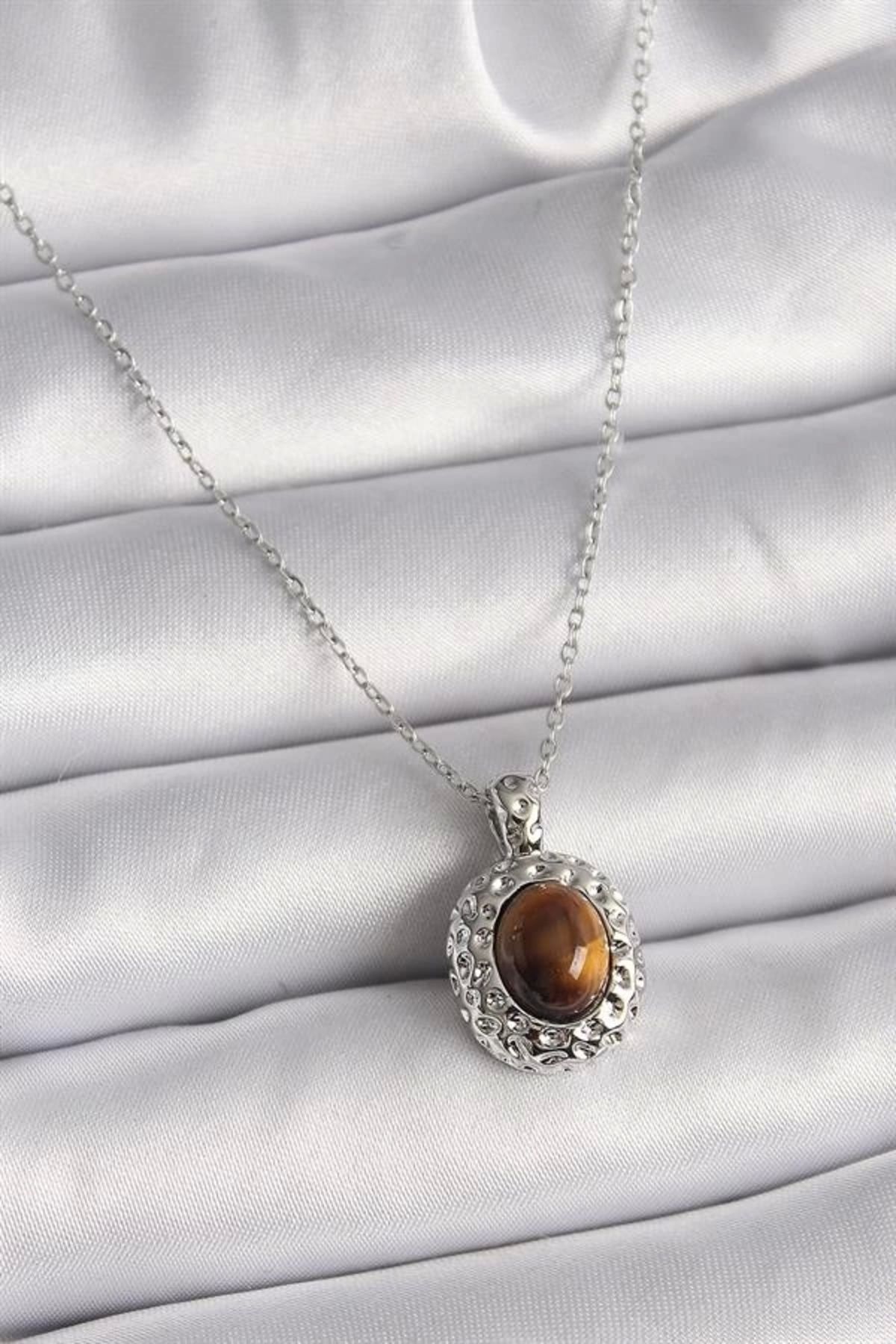 Lale Moda 316L Çelik Gümüş Renk Zincir Kehribar Boncuk Model Kadın Kolye