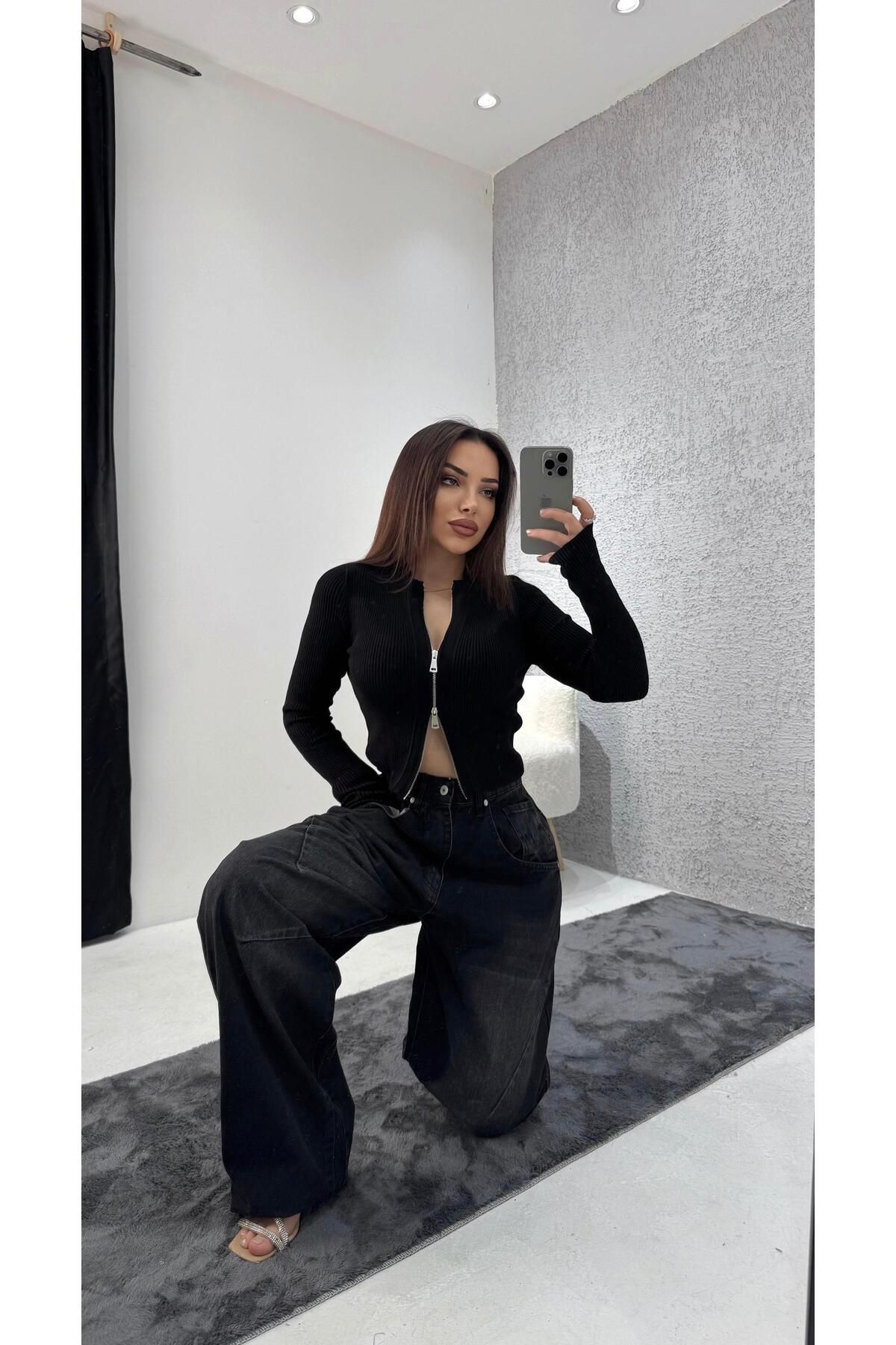 Neva Wear Kadın Vintage Wash Yüksek Bel Geniş Paça Jean Siyah