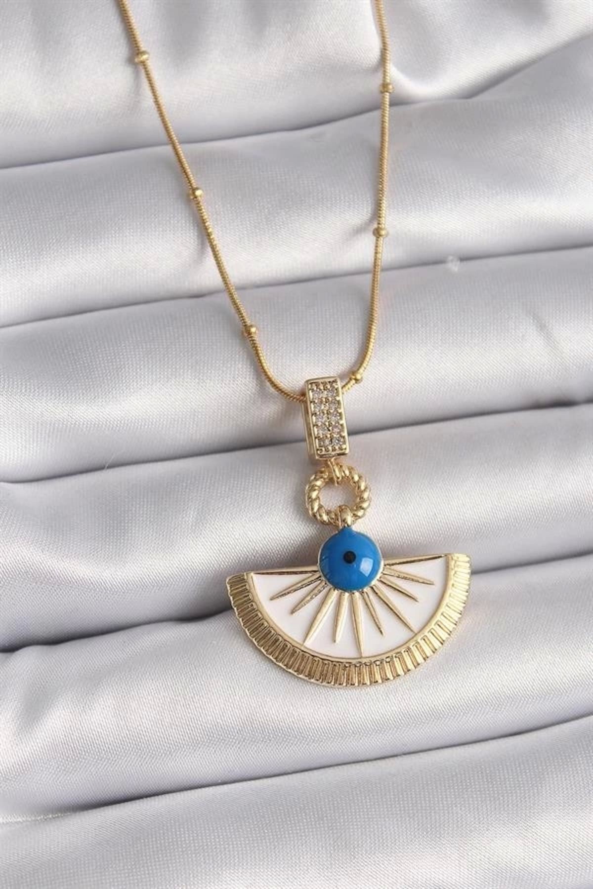 Lale Moda 316L Çelik Gold Renk Zincir Zirkon Taş Detaylı Nazar Boncuk Göz Model Kadın Kolye