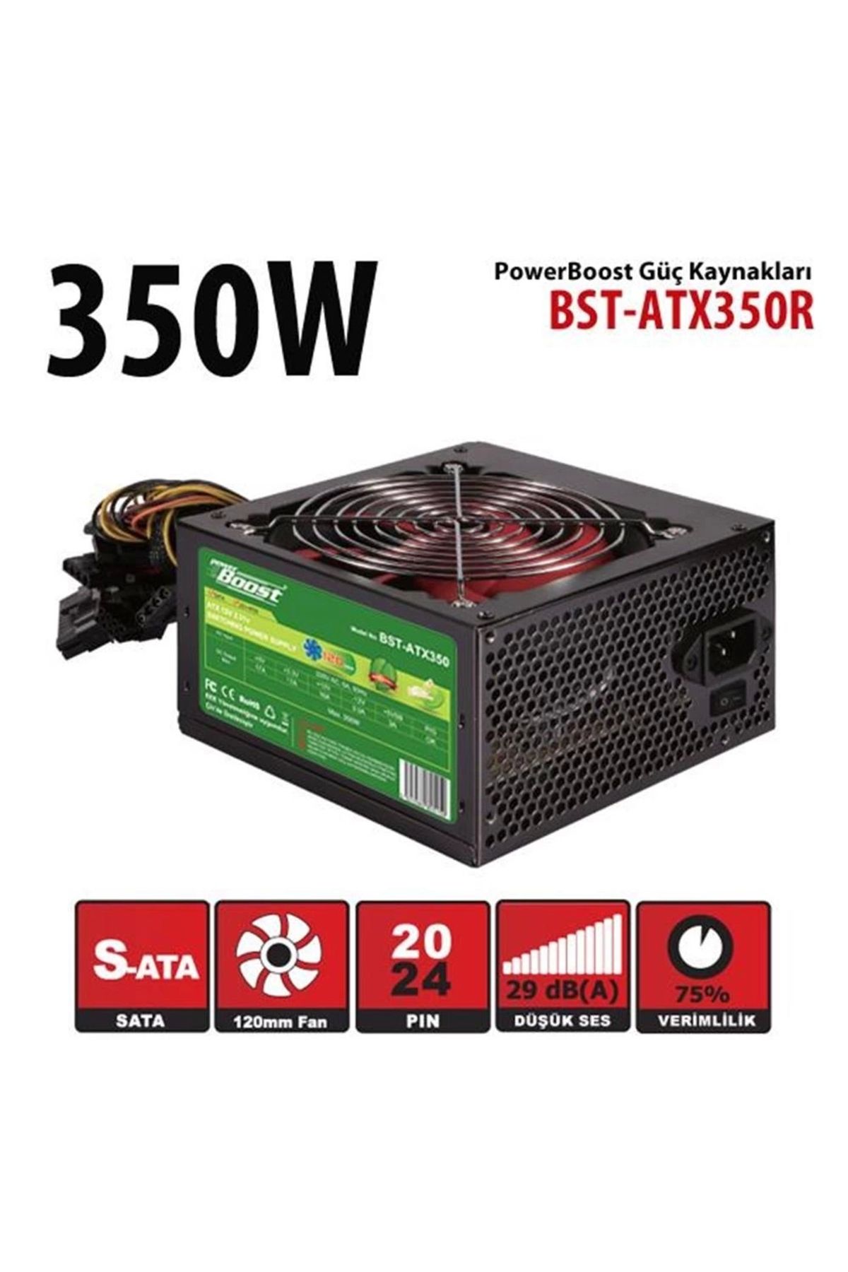 Power Boost PowerBoost BST-ATX350R 350w, PPFC 12cm Kırmızı Fanlı ATX PSU (Retail Box)