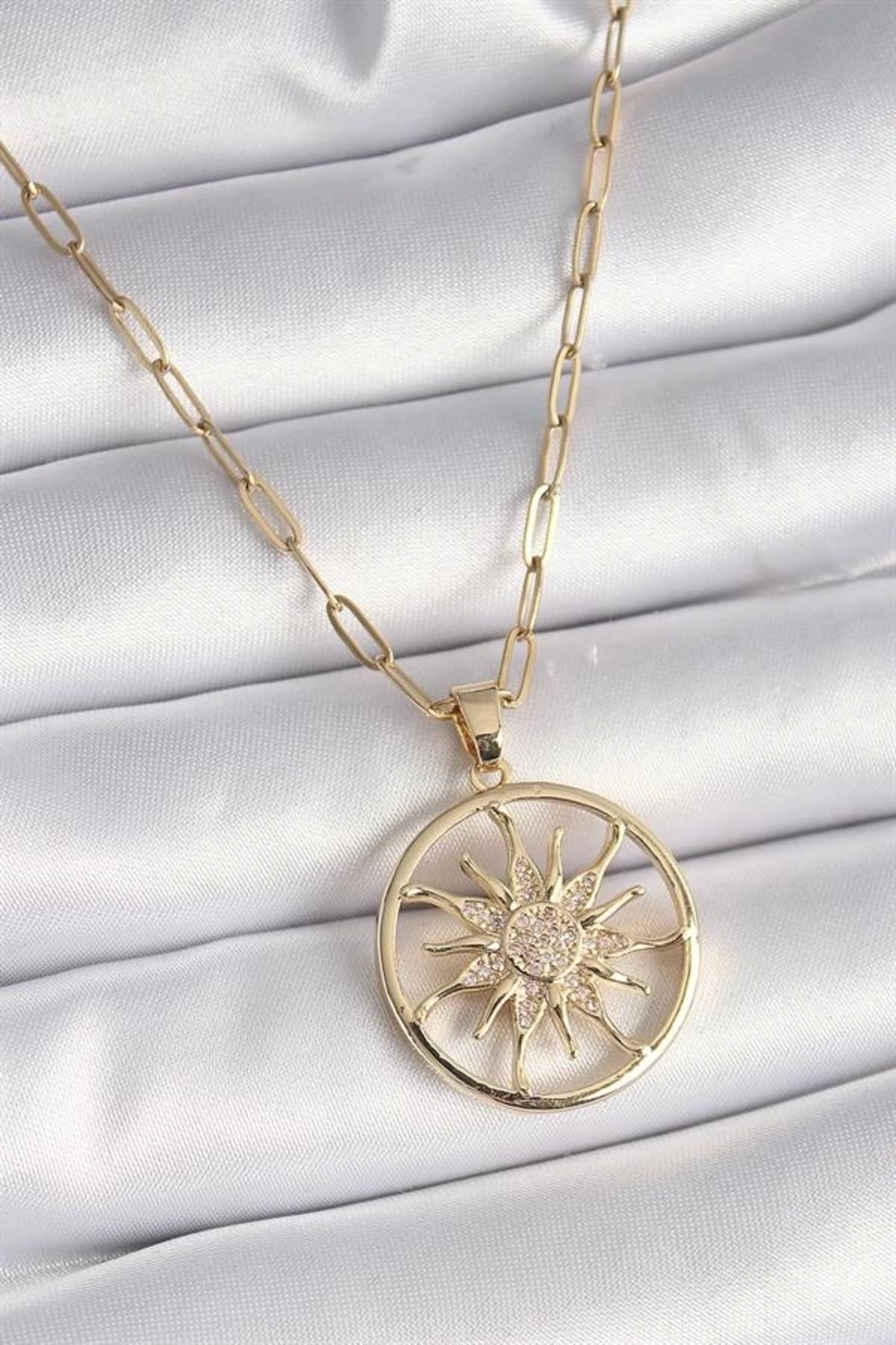 Lale Moda 316L Çelik Gold Renk Zirkon Taşlı Güneş Madalyon Model Kadın Kolye