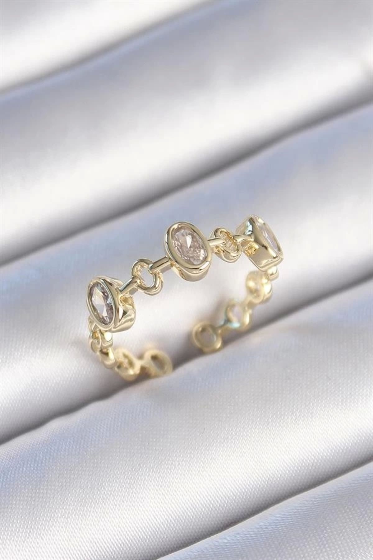 Lale Moda Pirinç Gold Renk Zirkon Taşlı Yuvarlak Zincir Model Kadın Yüzük