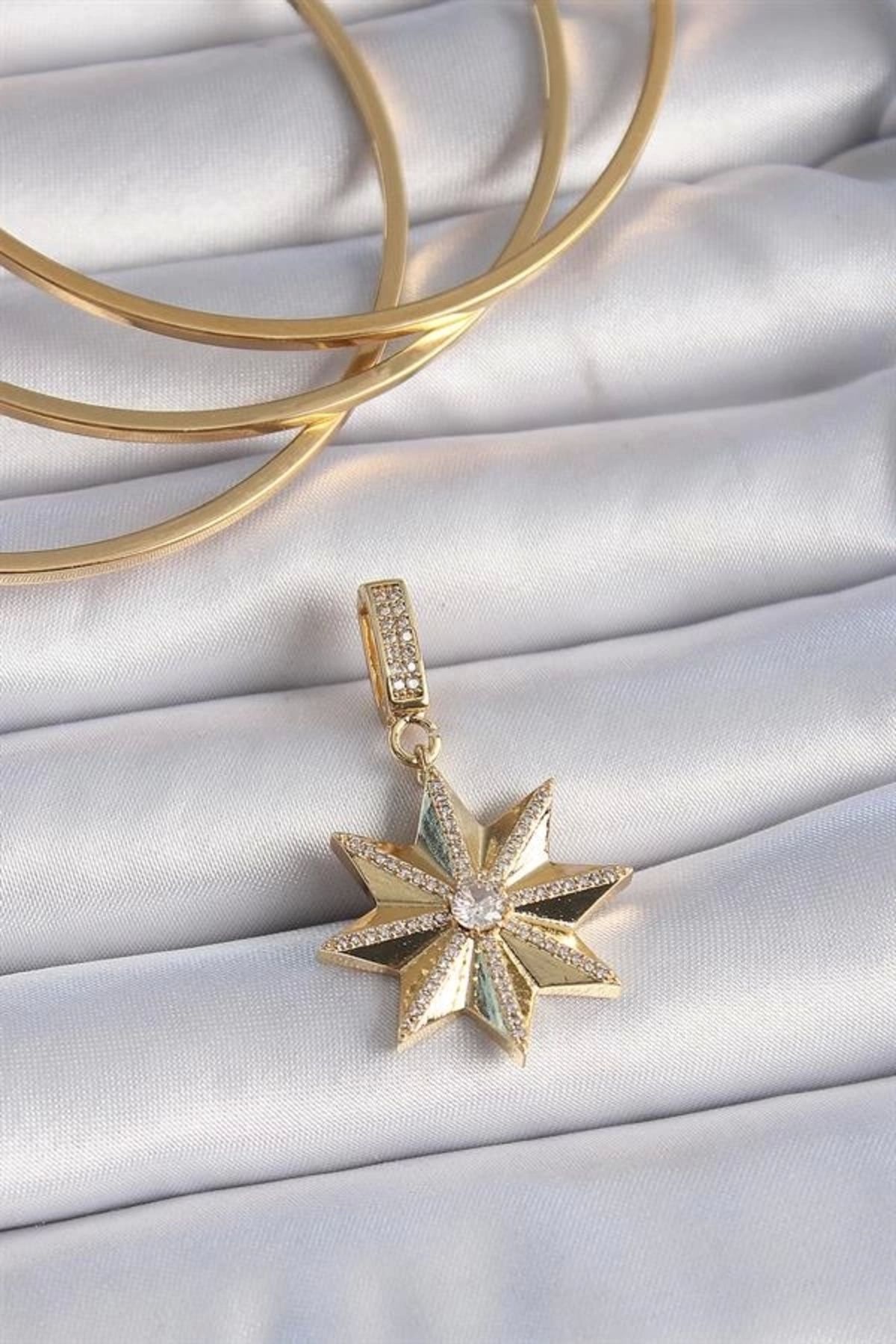 Lale Moda Pirinç Gold Renk Zirkon Taşlı Kutup Yıldızı Ajda Charm