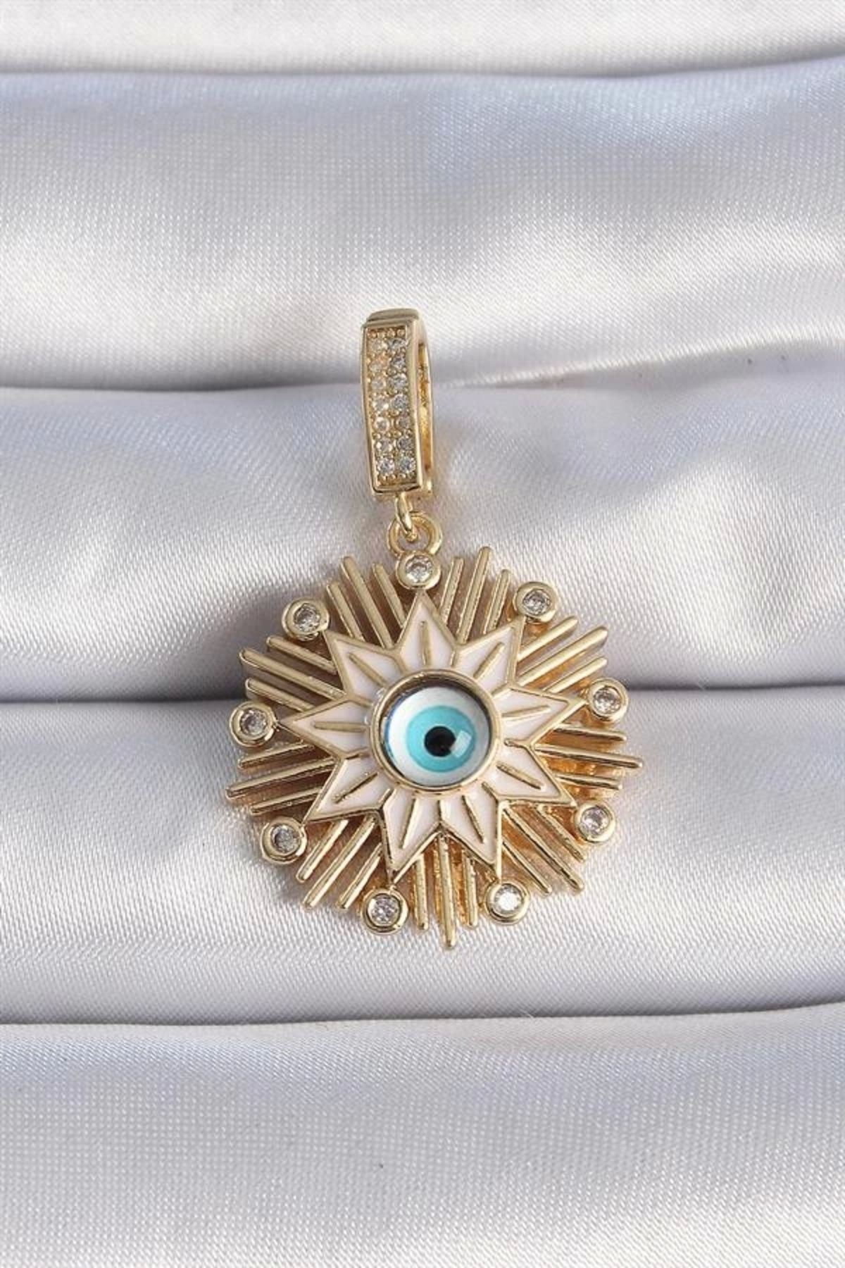 Lale Moda Pirinç Gold Renk Nazar Boncuklu Saçaklı Yıldız Figür Ajda Charm