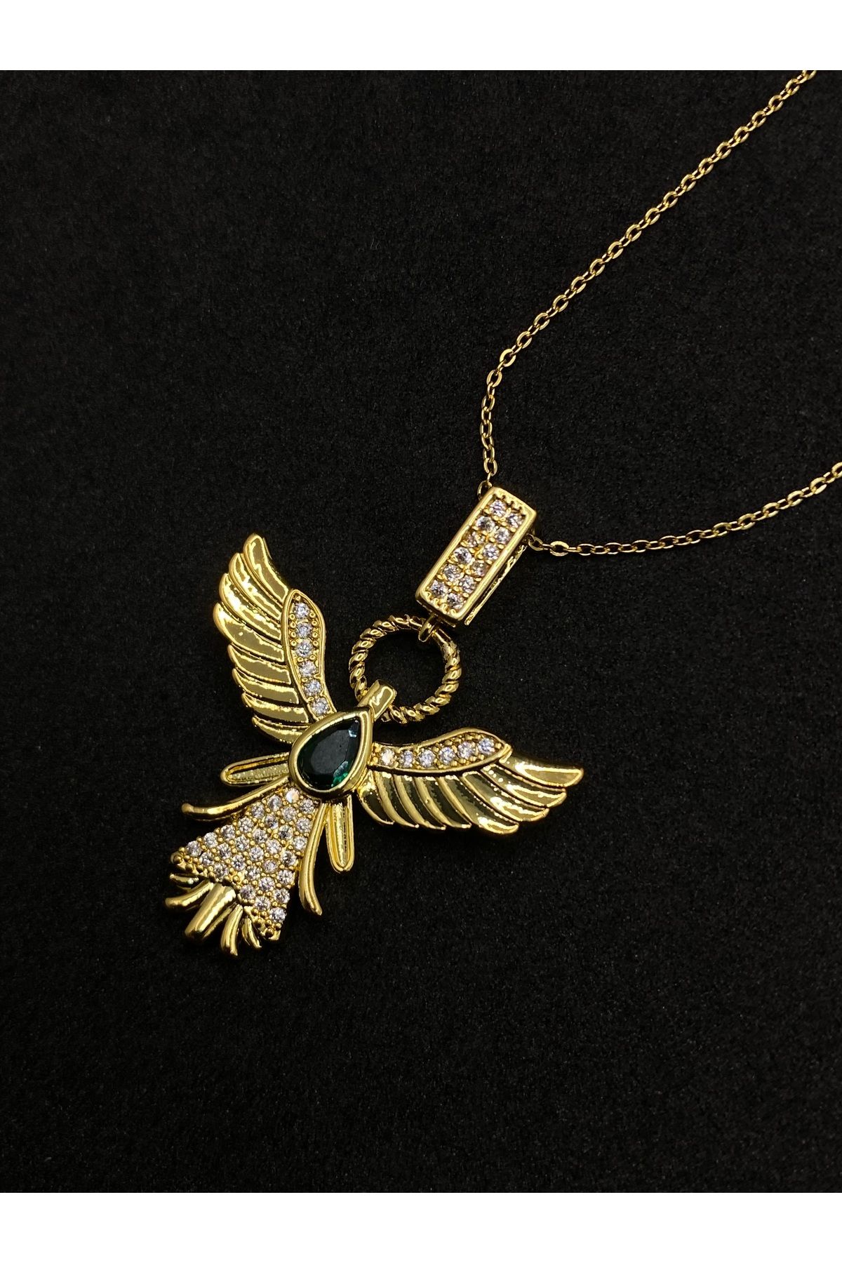 Jiji Jewelery Zümrüt Anka Melek Trend Zirkon Taşlı Paslanmaz Çelik Kolye