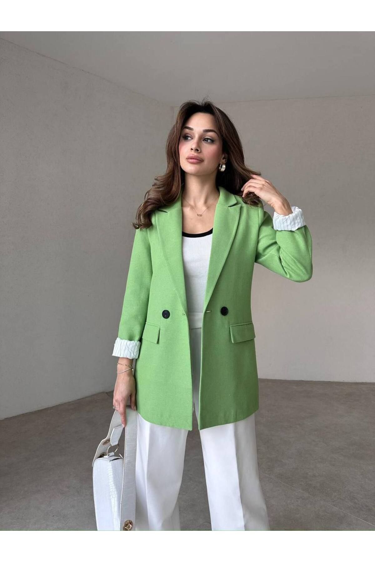 ENZOI Yeşil Kruvaze Yaka Keten Blazer Ceket - Çizgili Astar Detaylı