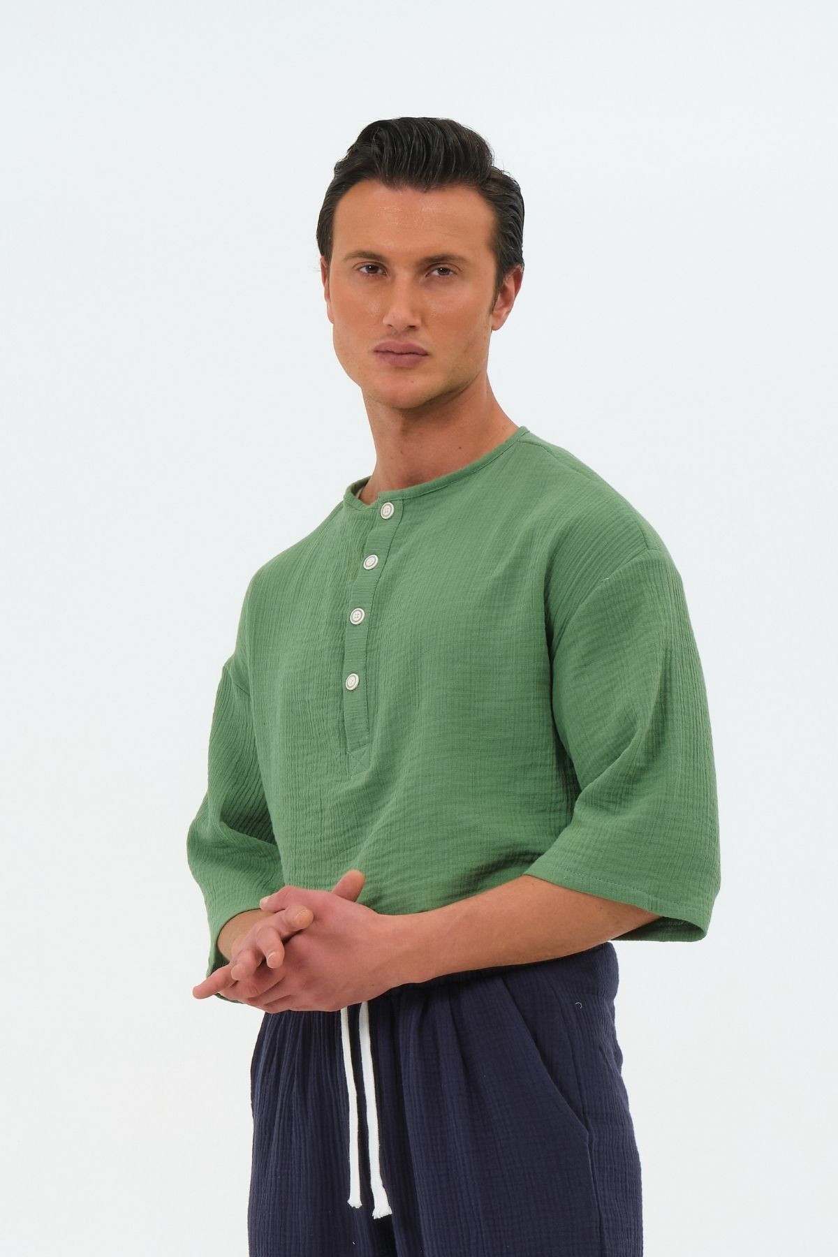 RELAXL %100 Pamuk Hafif Müslin Kumaş Oversize Benetton Yeşil Yaz Gömleği