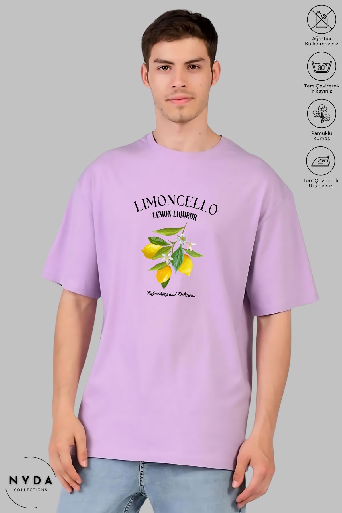 Nyda Collections Unisex Bisiklet Yaka Limon Baskılı Pamuk Oversize Kısa Kollu Tişört