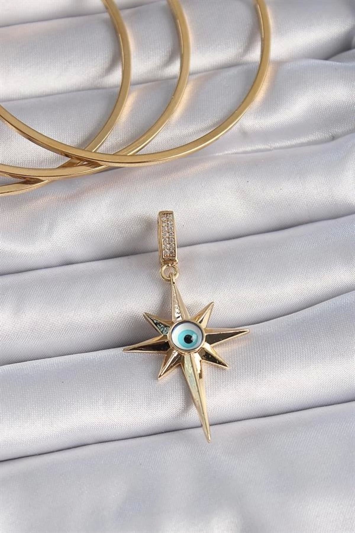 Lale Moda Pirinç Gold Renk Zirkon Taşlı Kutup Yıldızı Nazar Boncuk Detay Ajda Charm