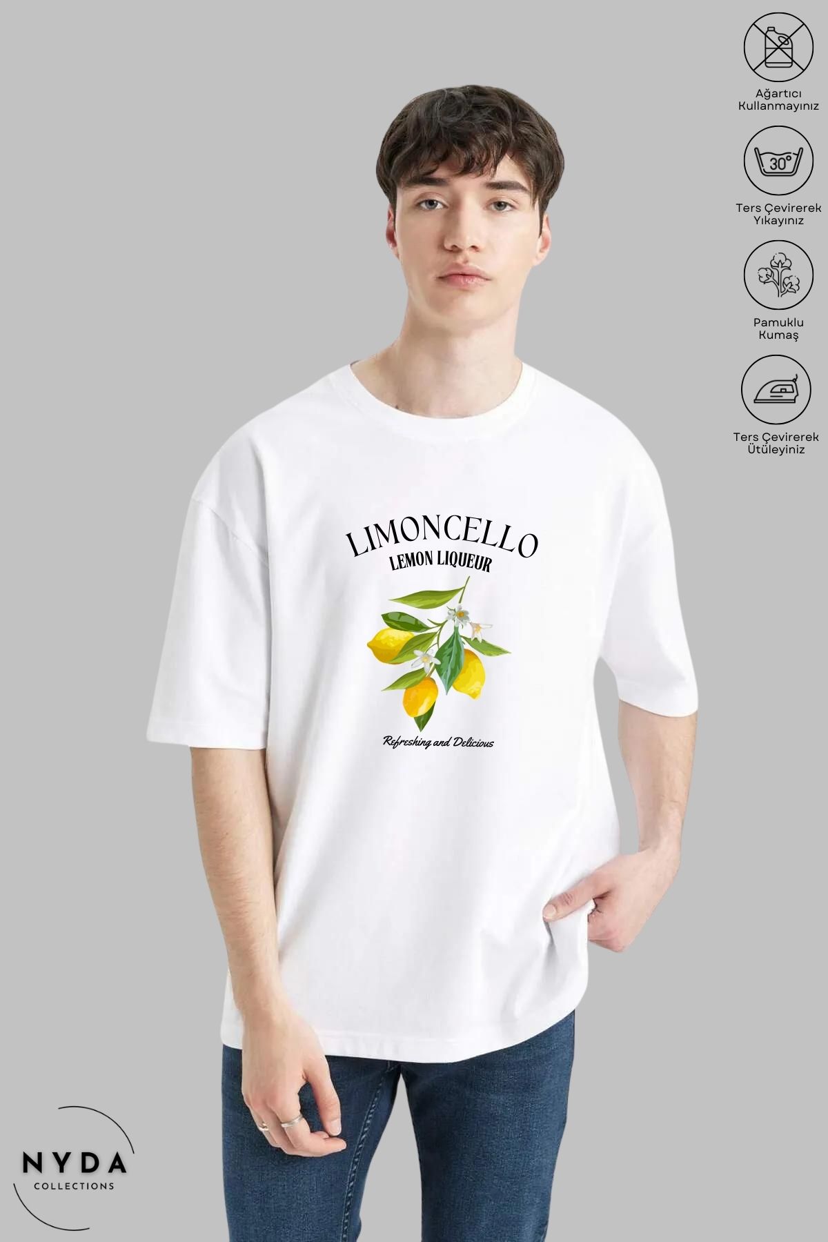 Nyda Collections Unisex Bisiklet Yaka Limon Baskılı Pamuk Oversize Kısa Kollu Tişört