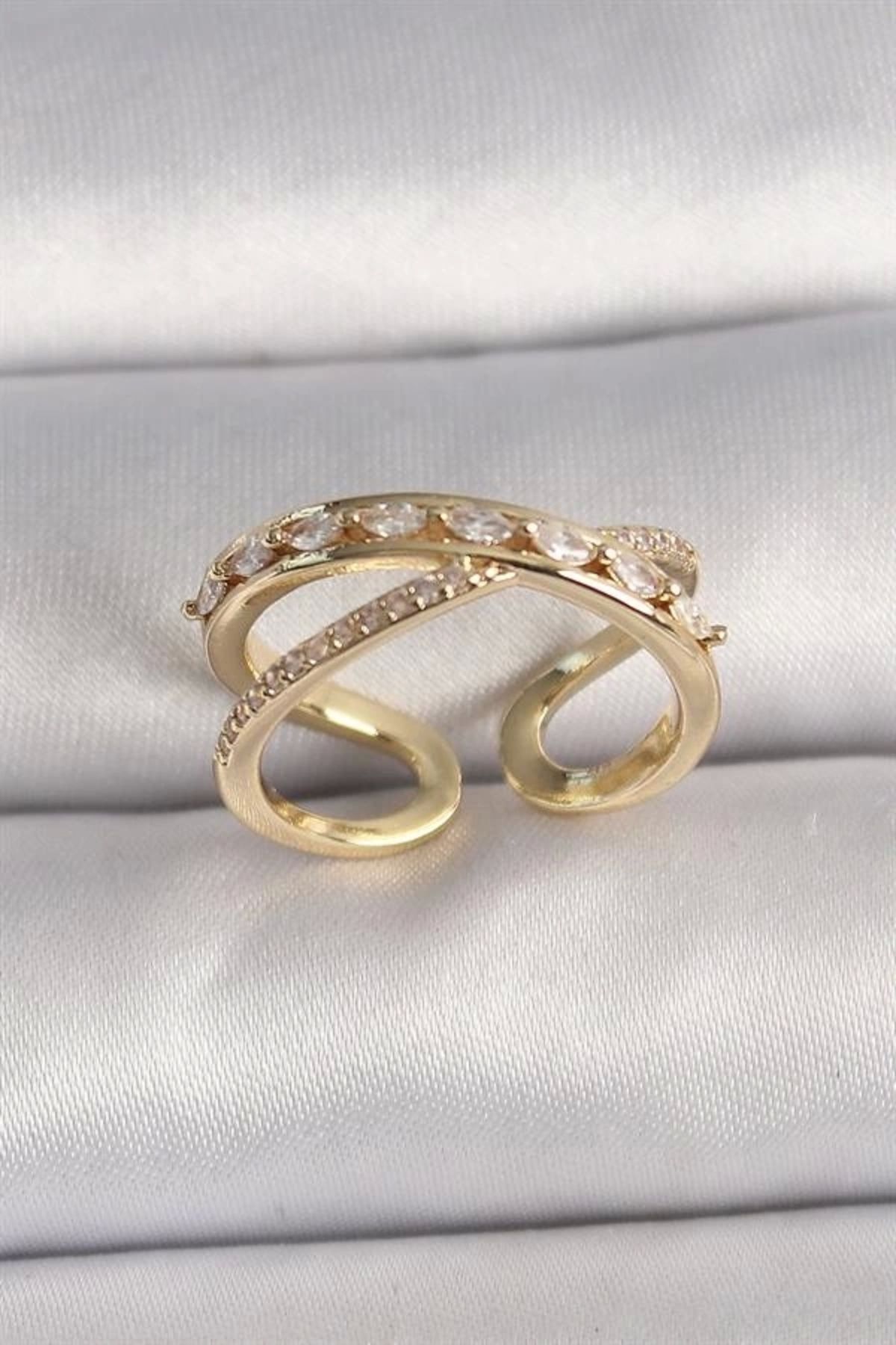 Lale Moda Pirinç Gold Renk Zirkon Taşlı Ayarlanabilir Kadın Yüzük