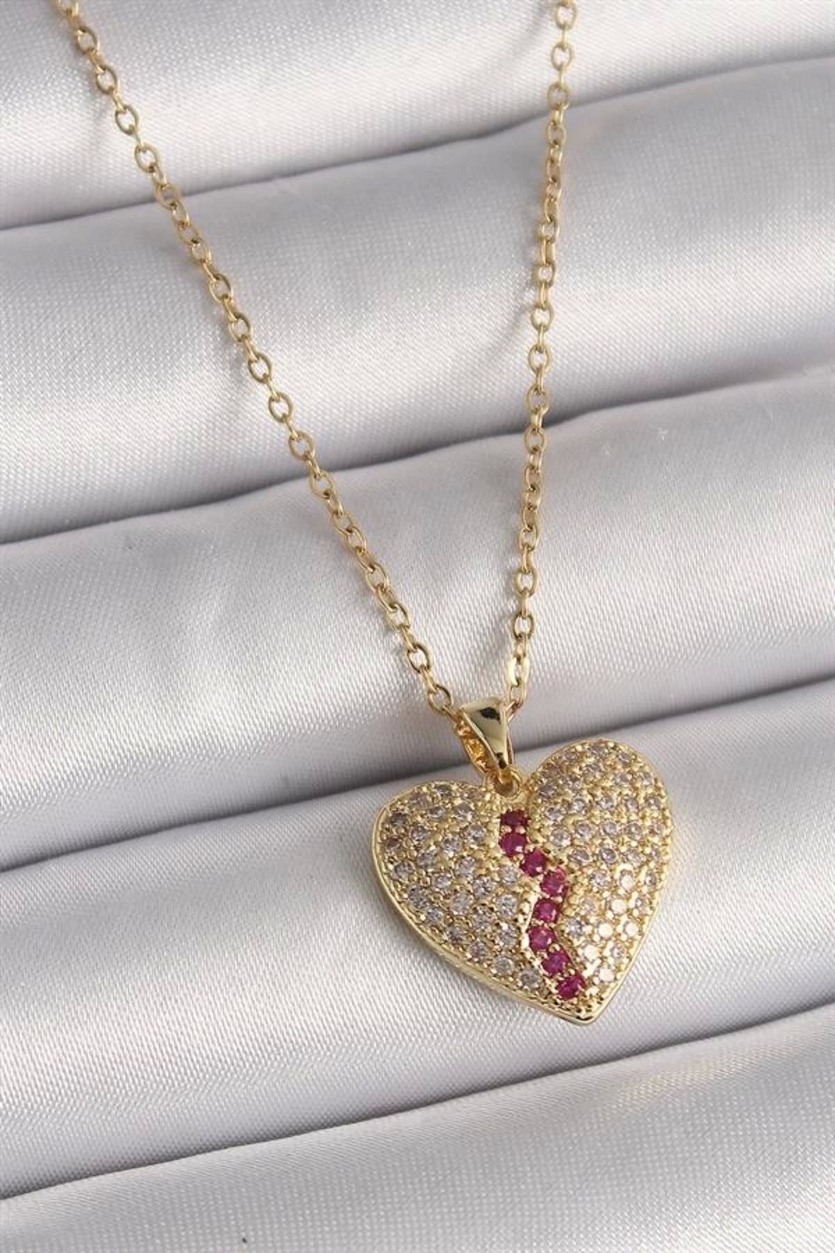 Lale Moda 316L Çelik Gold Renk Zincir Zirkon Taşlı Kalp Model Kadın Kolye