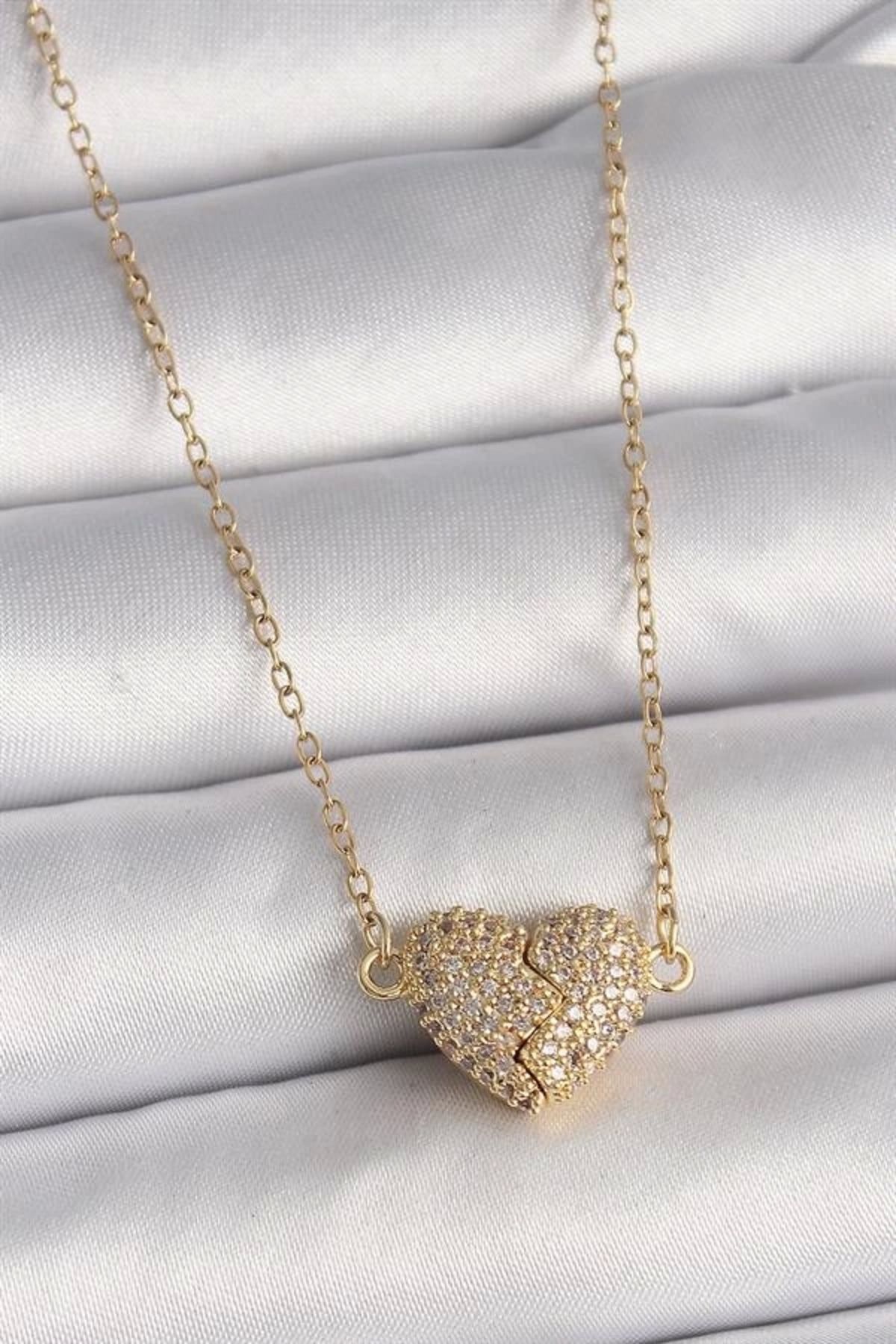 Lale Moda 316L Çelik Gold Renk Zincir Zirkon Taşlı Mıknatıslı Kalp Model Kadın Kolye