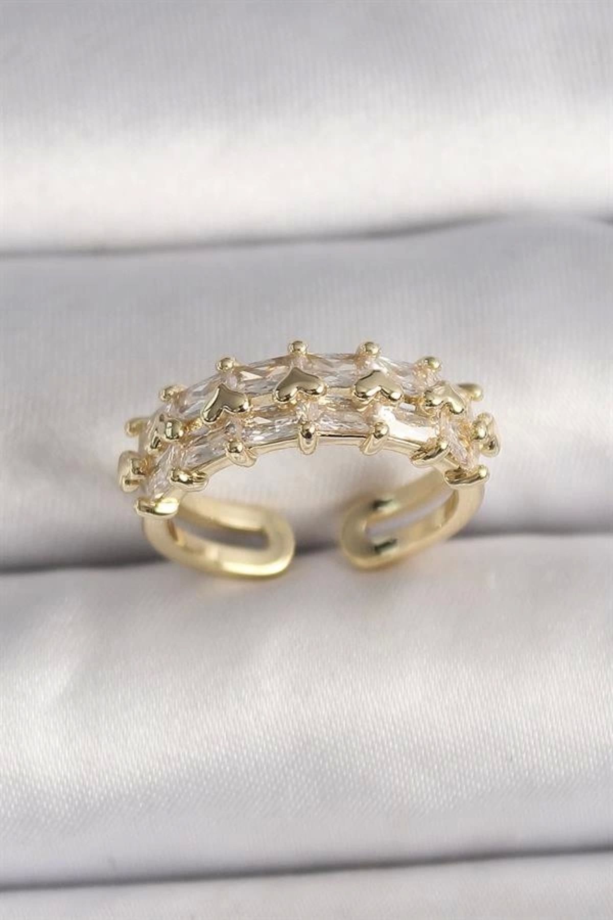 Lale Moda Pirinç Gold Renk Zirkon Taşlı Ayarlanabilir Yüzük