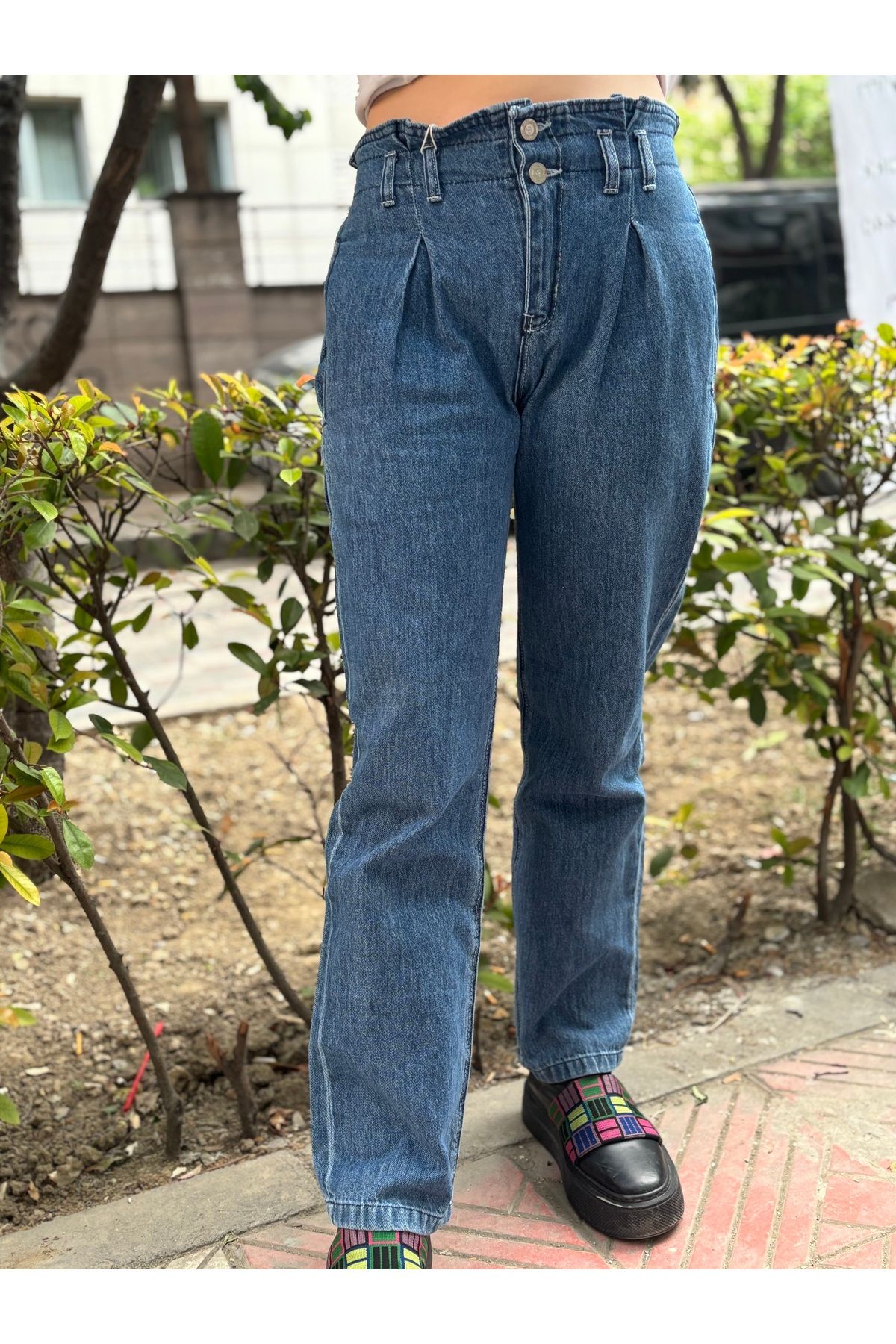 MODA Yüksek bel lastikli bel kız kot pantolon