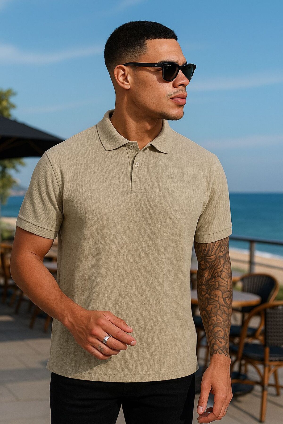 EKZMODA Regular Fit Bej Erkek Polo Yaka T-shirt - Erkek T-shirt - Polo Yaka Tisort Erkek