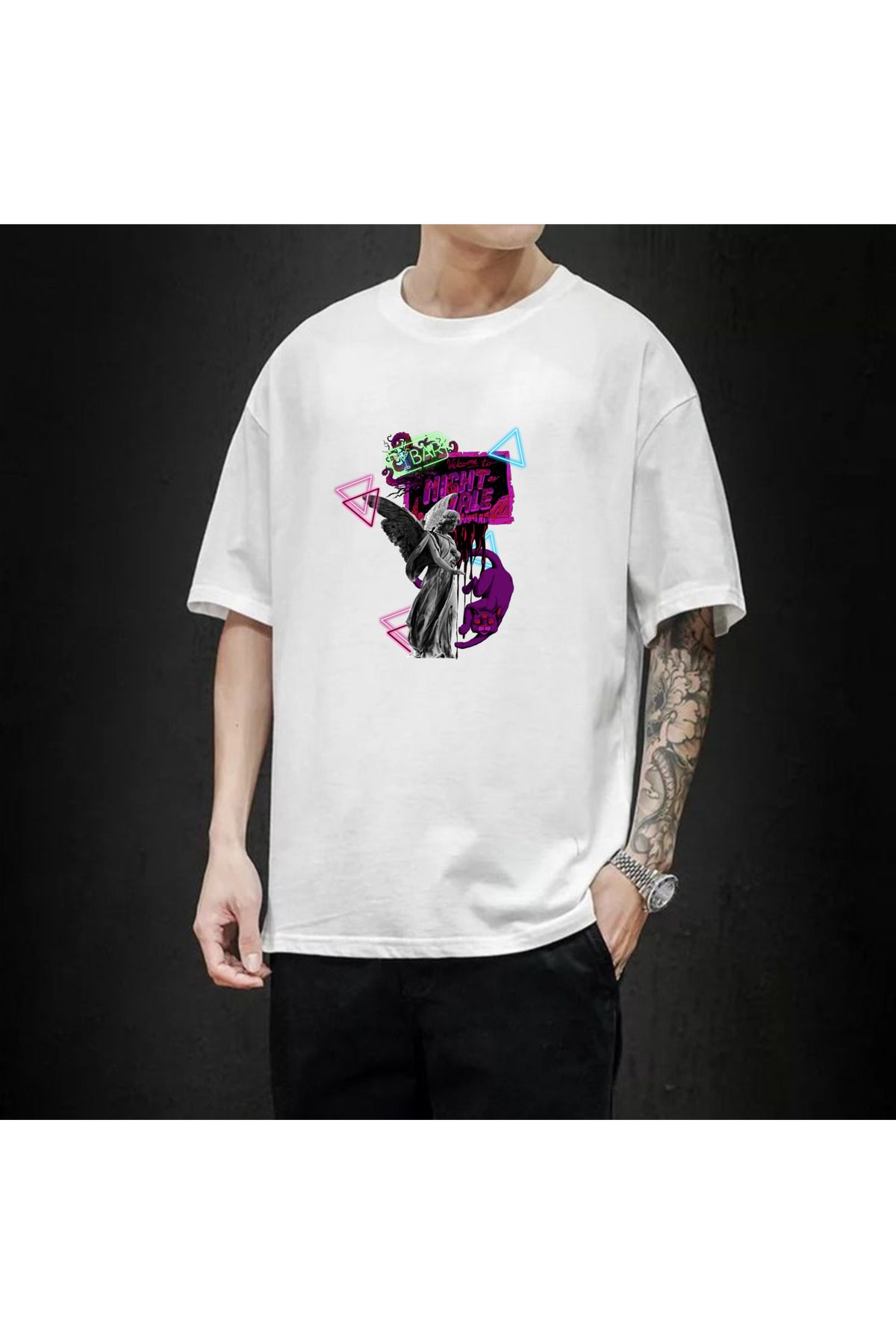 Store Unisex Özel Tasarım Beyaz Heykel Baskılı T-Shirt