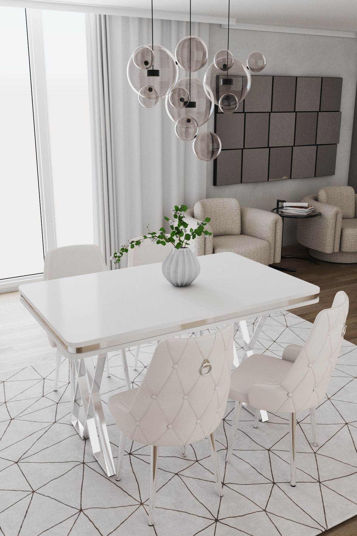 DEREN HOME Rio Serisi 80x130 MDF masa + 4 Adet Metal Ayaklı Sandalye Silinebilir Kumaş Krem