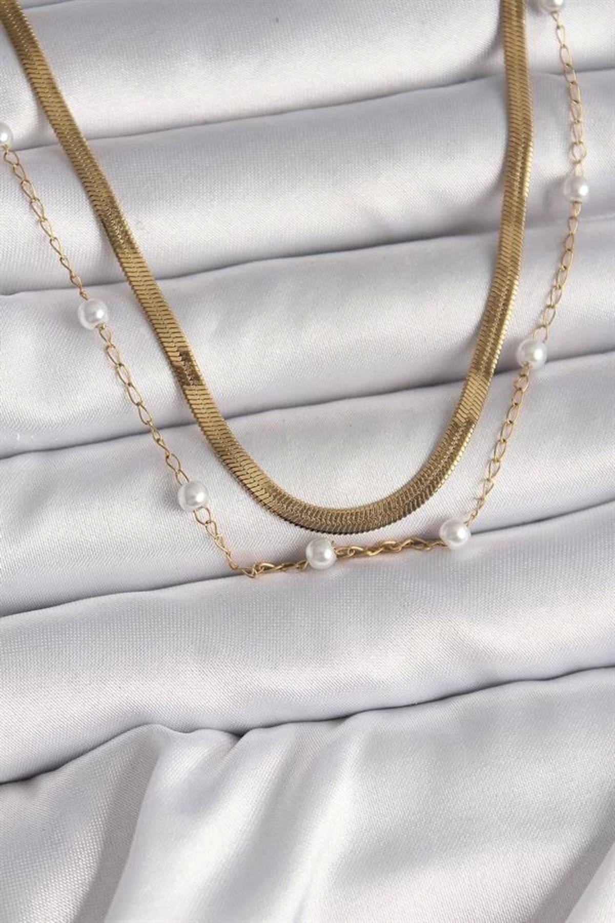 Lale Moda 316L Çelik Gold Renk 2'Li İtalyan Zincir İnci Detay Kadın Kolye