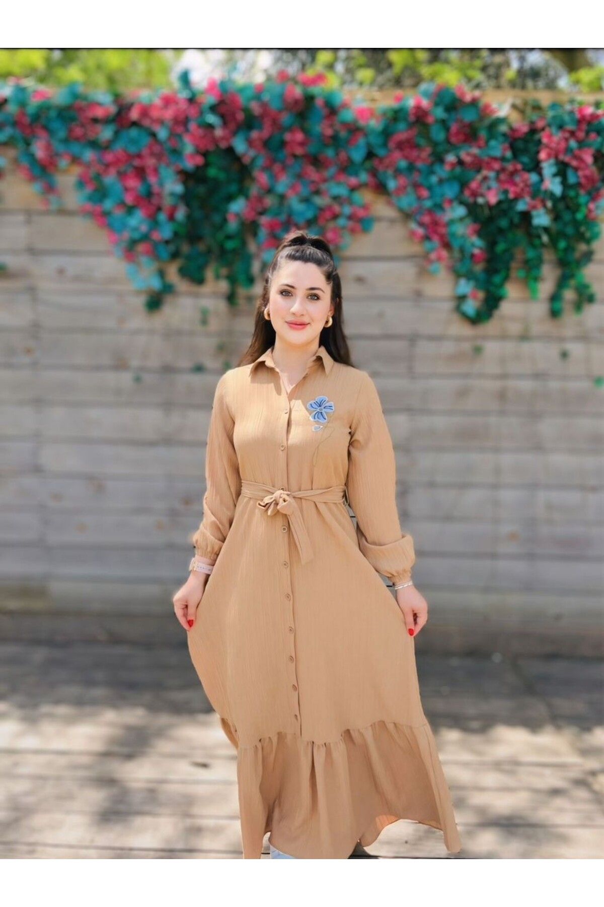 YAMANCAN MODA Kadın Fırfır Detaylı Kolu Lastikli Bürümcük Şık Elbise