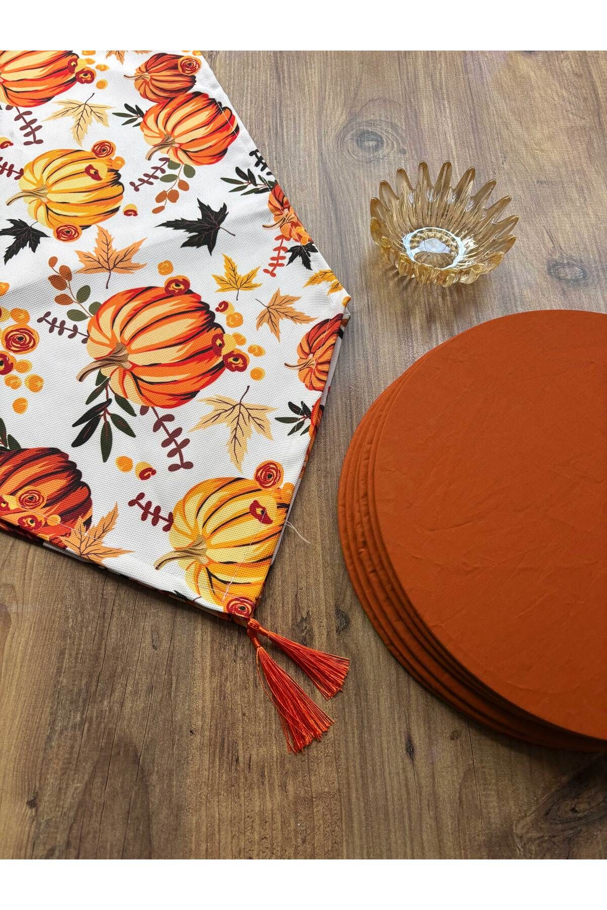 HALFART-Set de 6 supla cu runner de dovleac și portocale |   Runner impermeabil Duck Linen |   Set de masă elegant 2