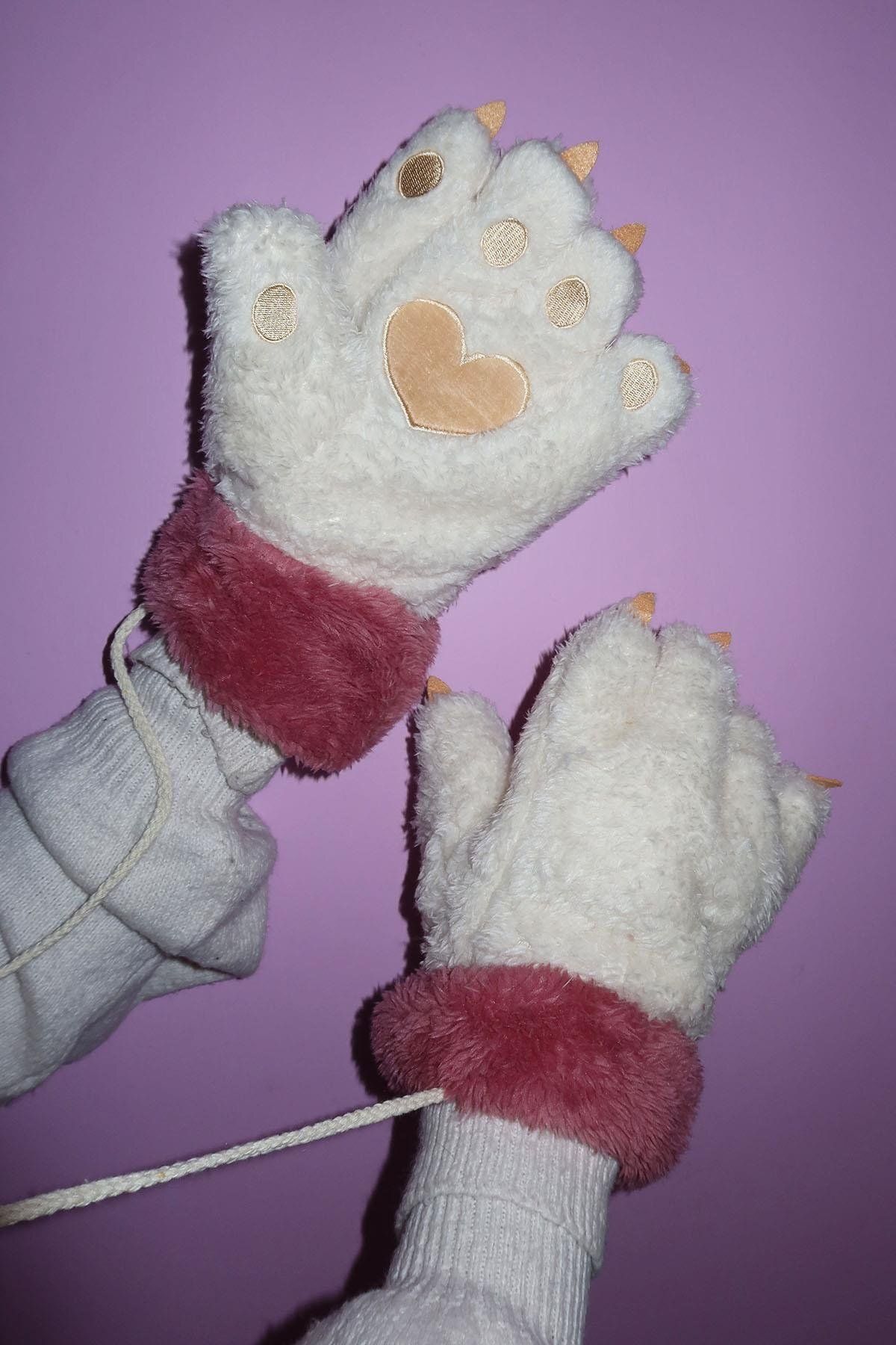 TAKIŞTIR Krem Ve Pembe Renk Pati Figürlü Askılı Peluş Eldiven
