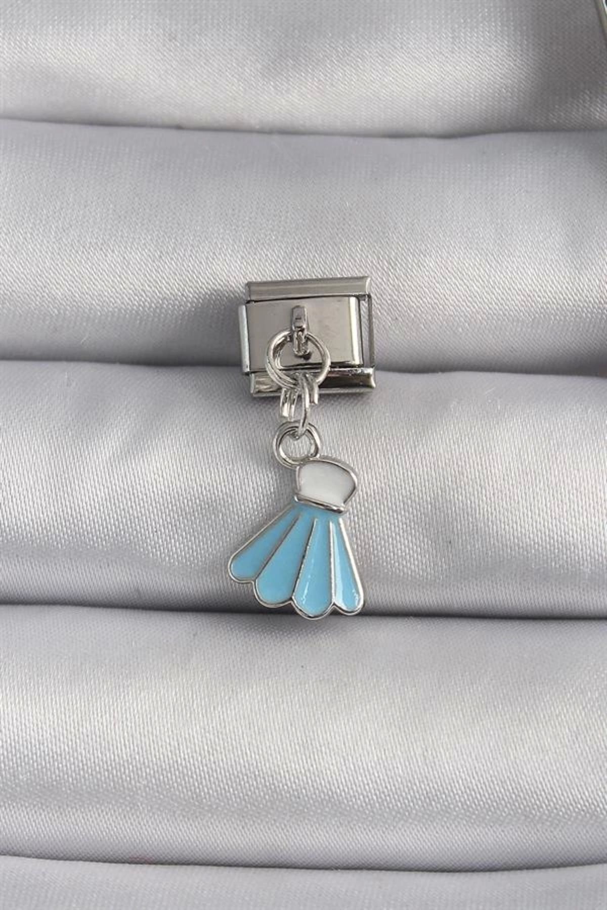 Lale Moda 316L Çelik Gümüş Renk Mavi Renk Sallantı Elbise Model Nomination Charm