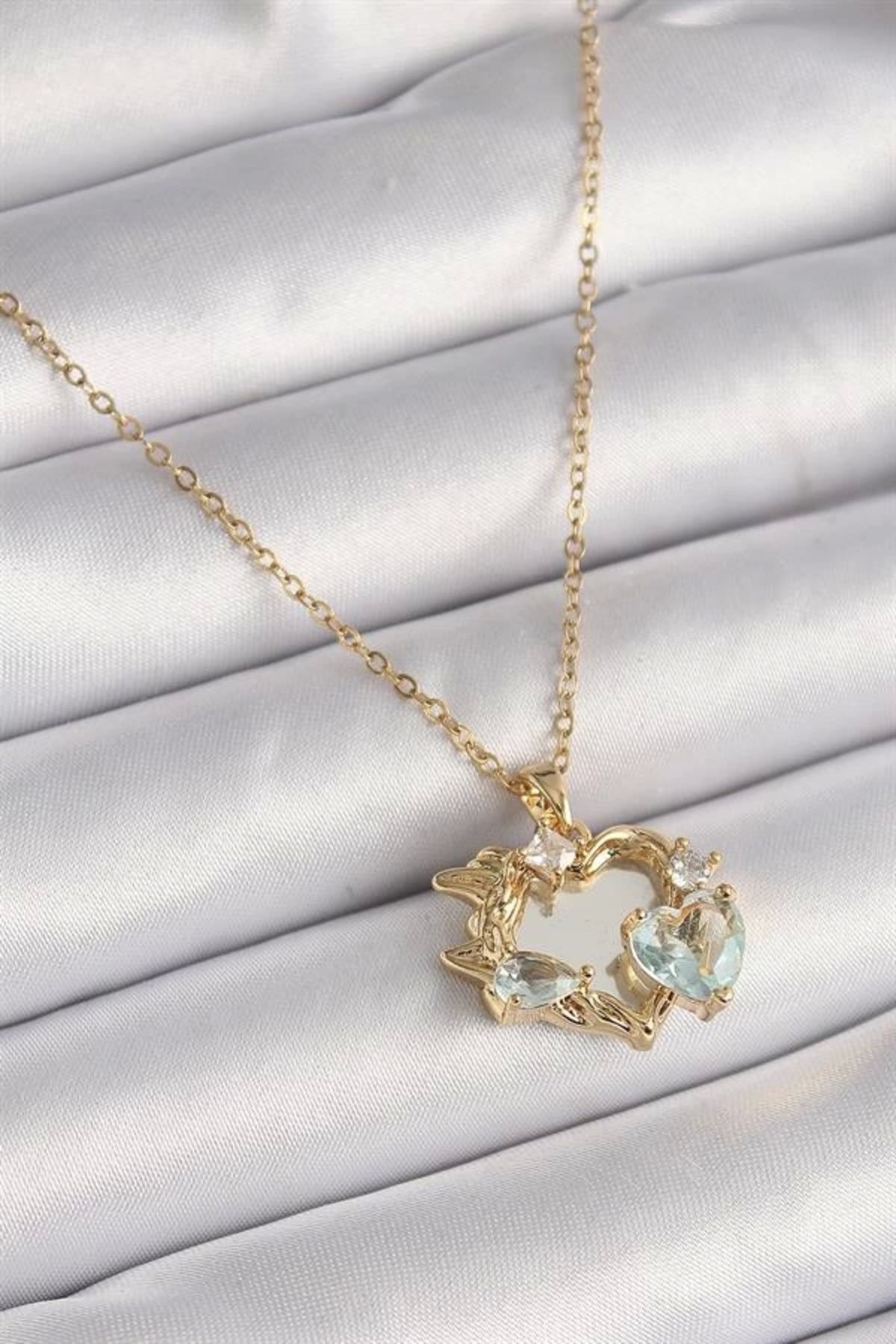 Lale Moda 316L Çelik Gold Renk Zincir Ayna Kalp Model Zirkon Taşlı Kalp Model Kadın Kolye