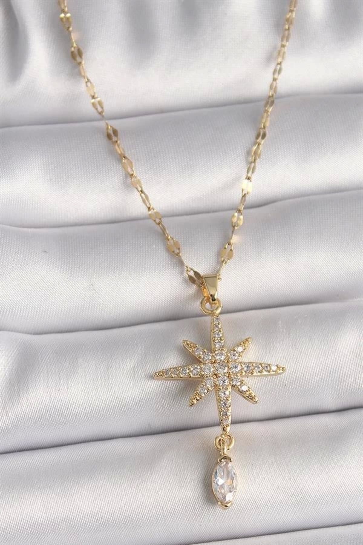 Lale Moda 316L Çelik Gold Renk Zincir Zirkon Taşlı Yıldız Detay Satürn Gezegen Model Kadın Kolye