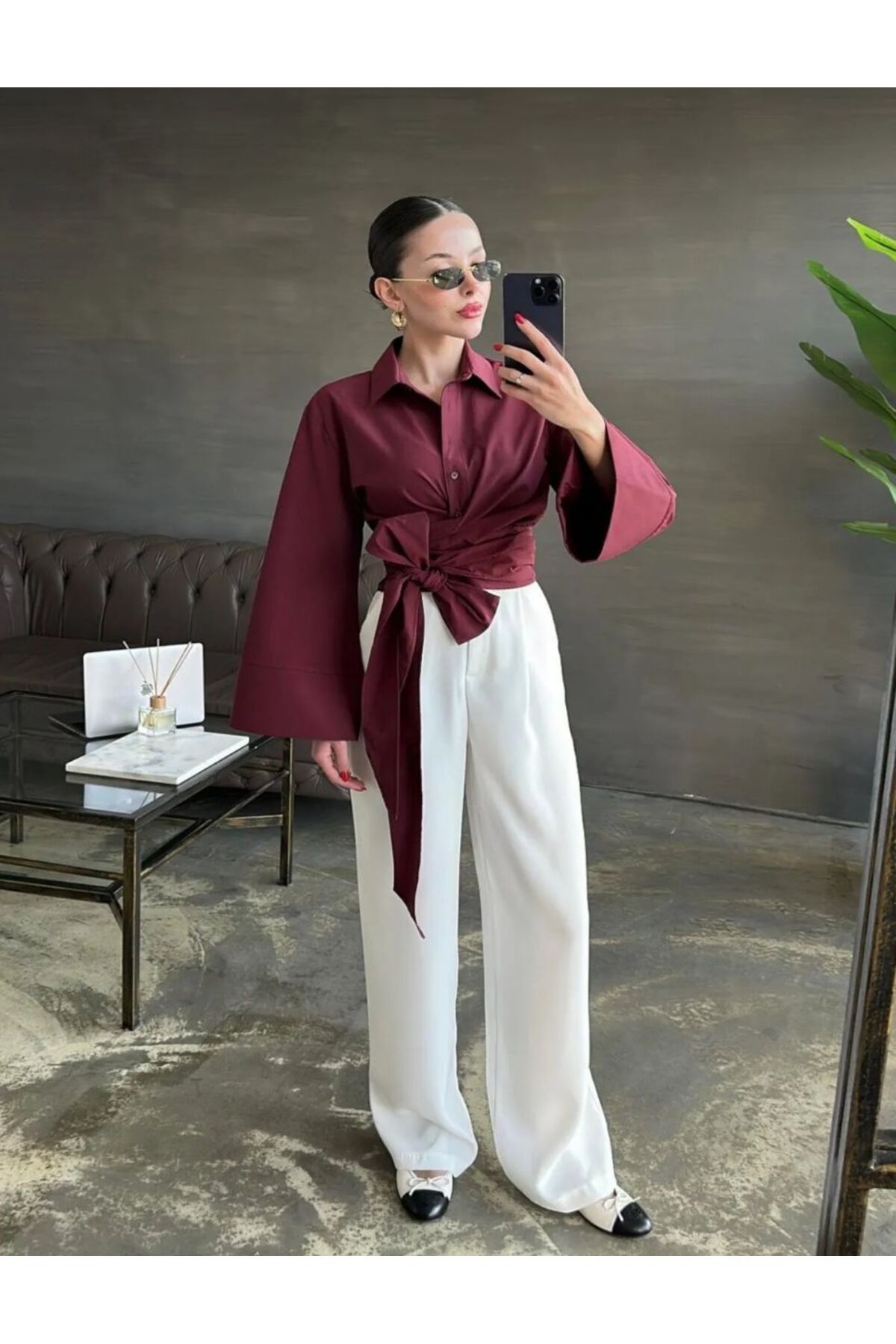 mafdress Kadın Bordo Kuşaklı Düğmeli Bağlamalı Gömlek
