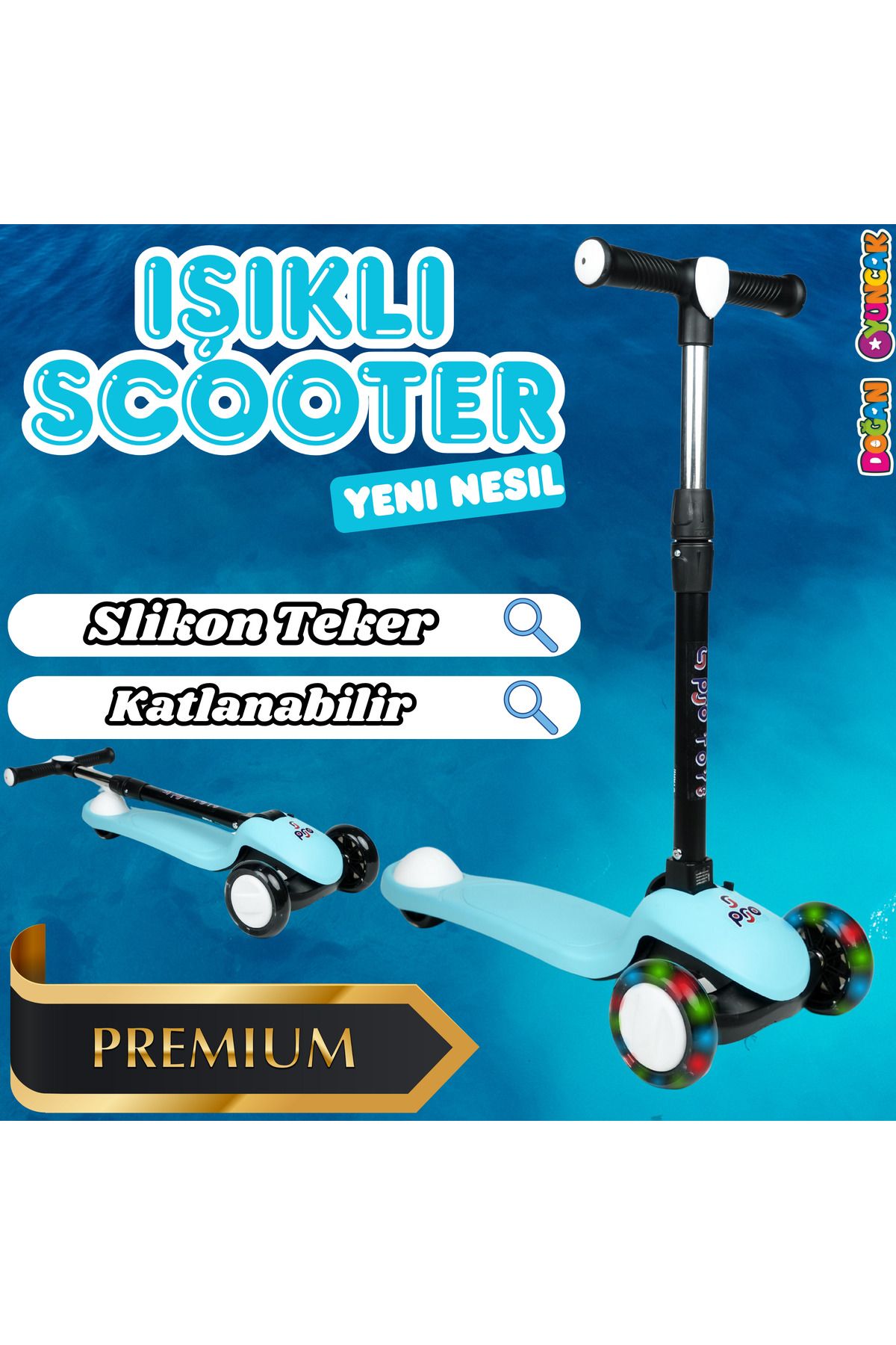Doğan Oyuncak Dünyası Lupa Katlanabilir Işıklı 3 Tekerlekli Turkuaz Scooter - Işıklı Scooter - Slikon Teker Scooter - Çocu
