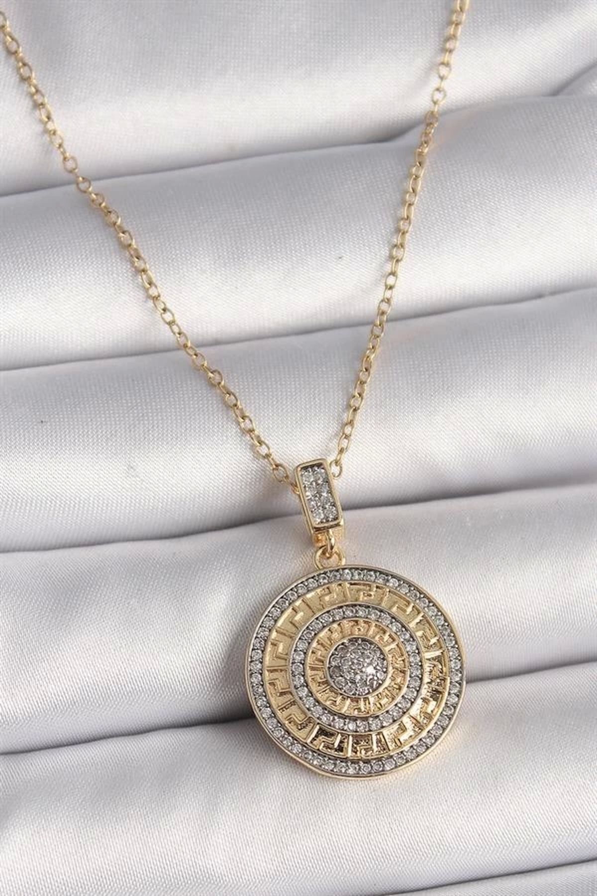 Lale Moda 316L Çelik Gold Renk Zincir Zirkon Taşlı Madalyon Model Labirent İşleme Kadın Kolye