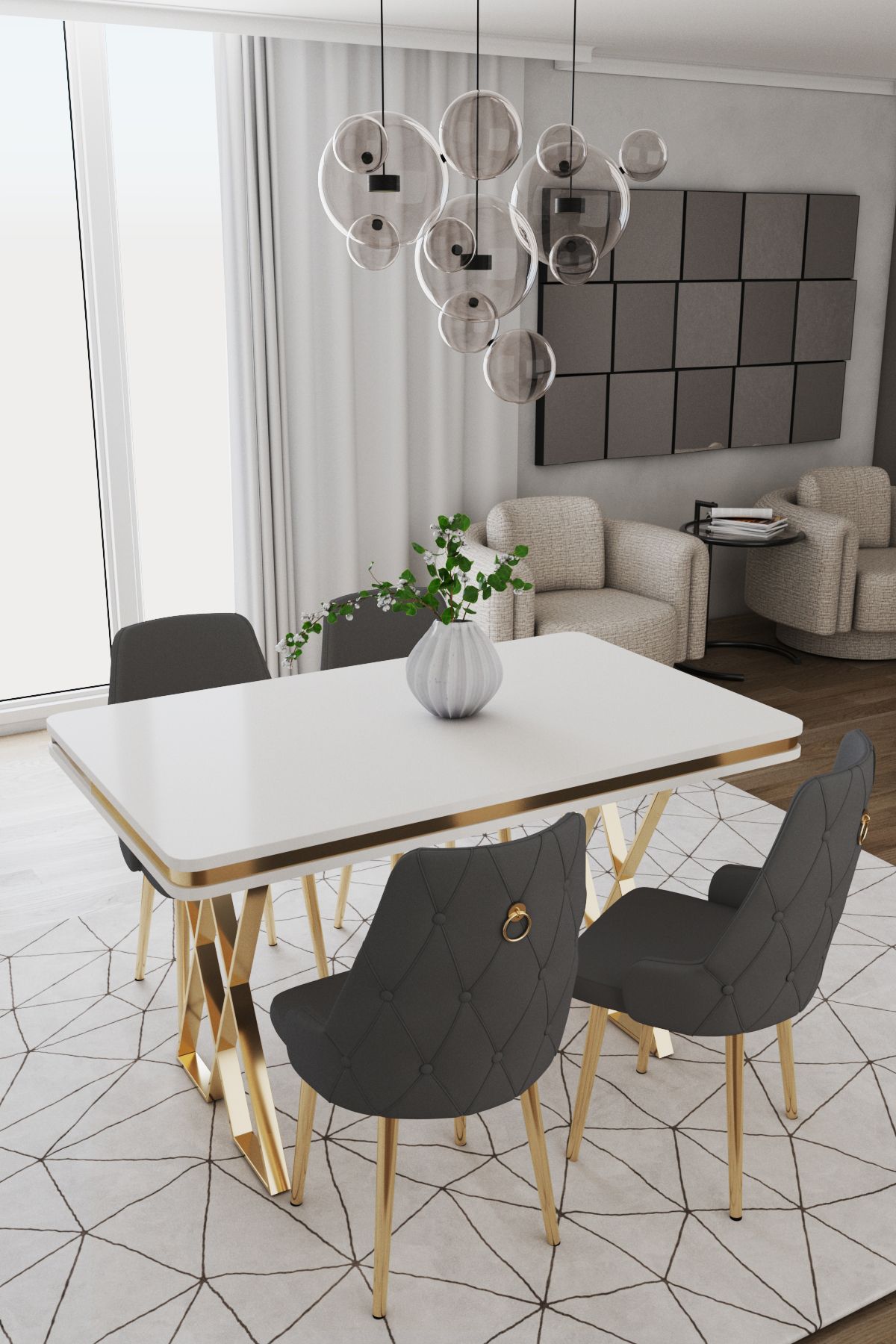DEREN HOME Rio Gold Serisi 80x130 masa + 4 Adet Metal Ayaklı Silinebilir Kumaş Antrasit