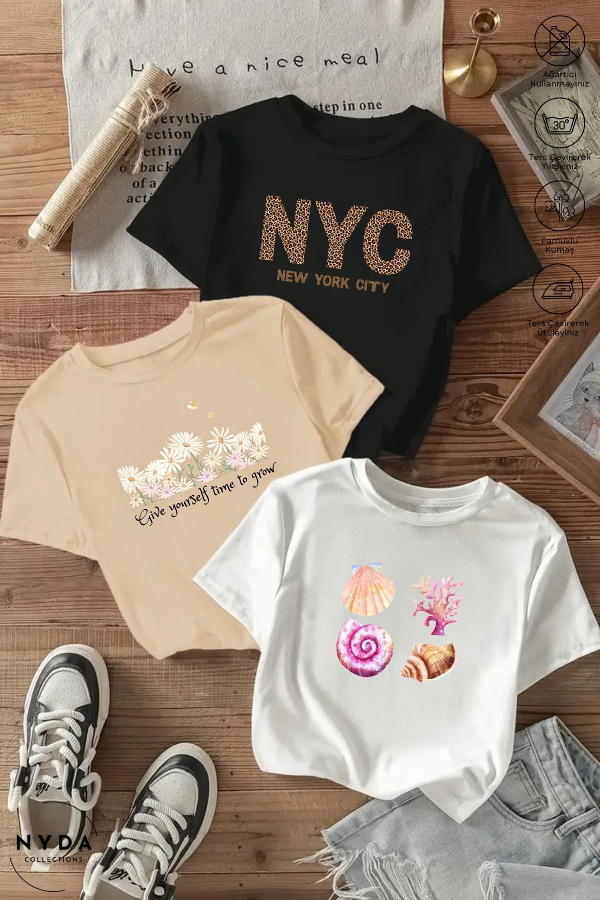Nyda Collections Kadın Bisiklet Yaka Baskılı Pamuk Oversize 3lü Renkli Kısa Kollu Tişört Takım